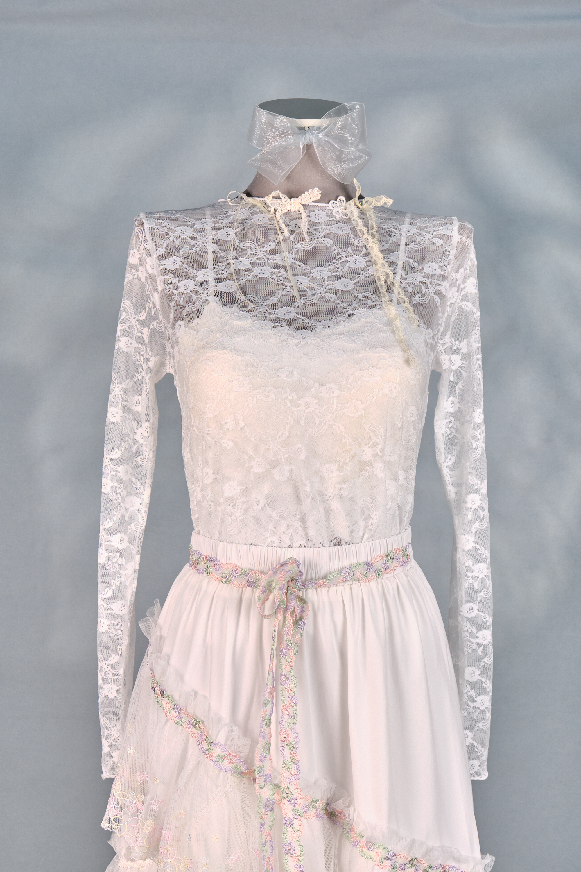 12413 Mesh Semi-Transparent Bow Long-Sleeve Top