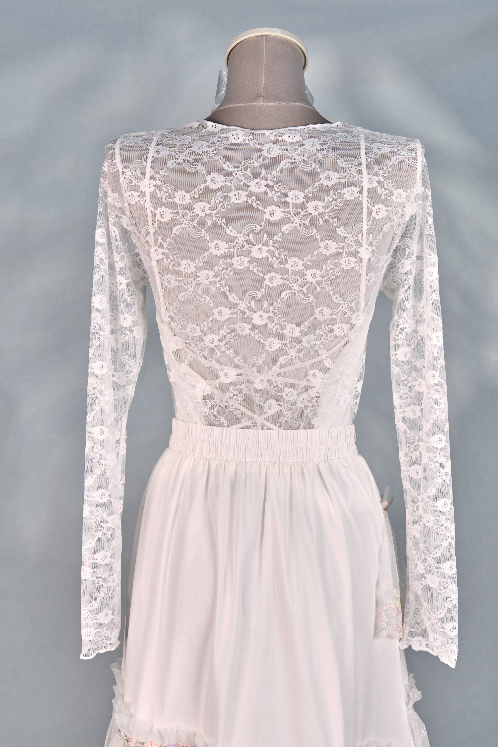 12413 Mesh Semi-Transparent Bow Long-Sleeve Top