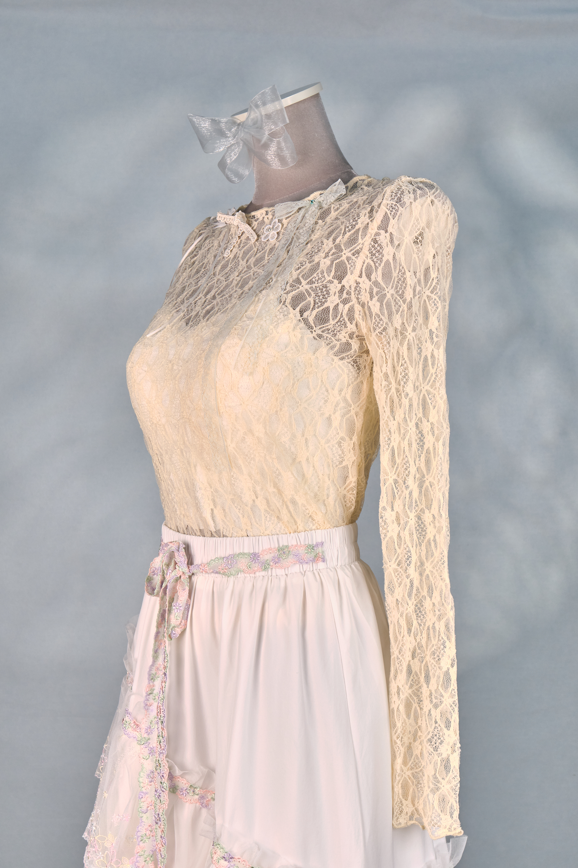 12412 Mesh Semi-Transparent Bow Long-Sleeve Top