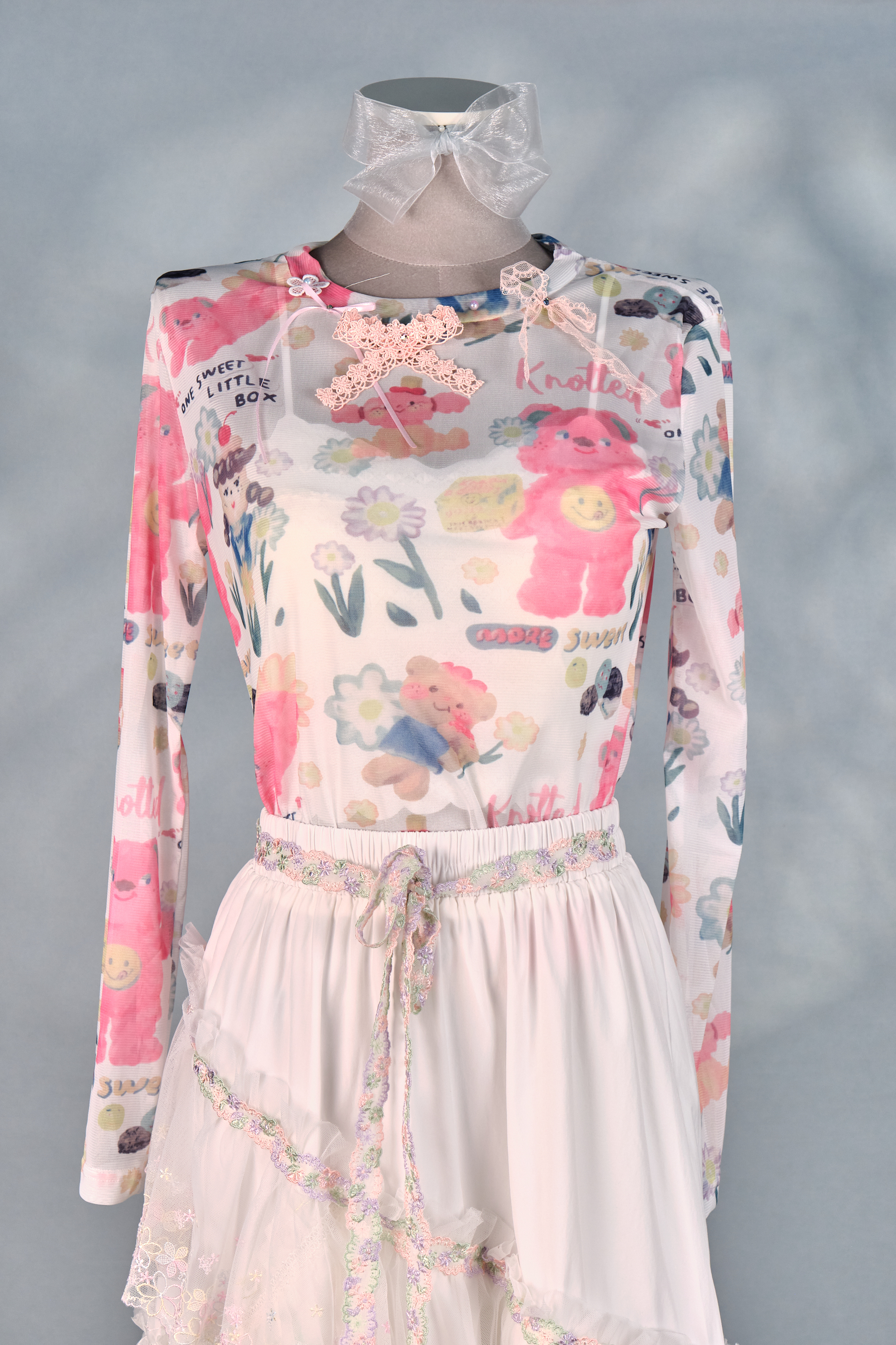 12411 Mesh Semi-Transparent Bow Long-Sleeve Top