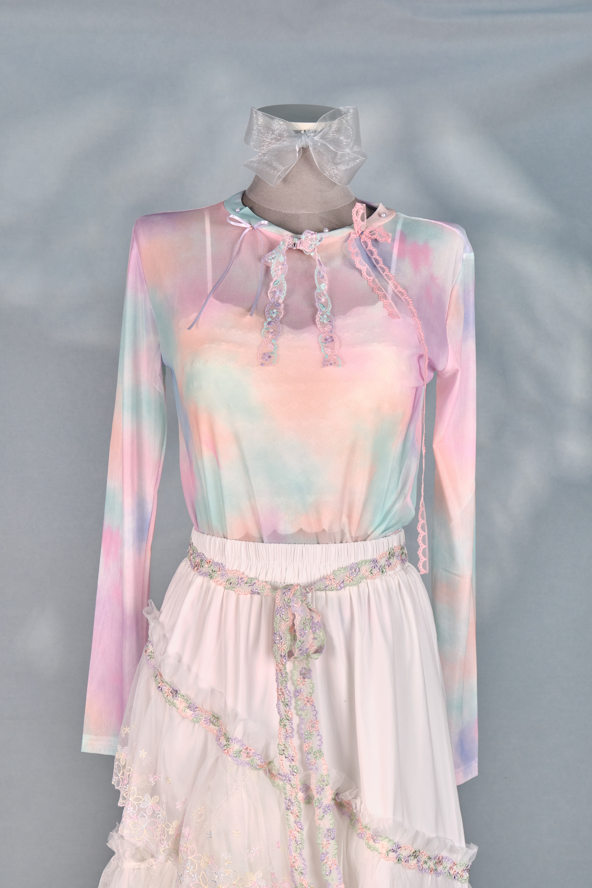 12410 Mesh Semi-Transparent Bow Long-Sleeve Top