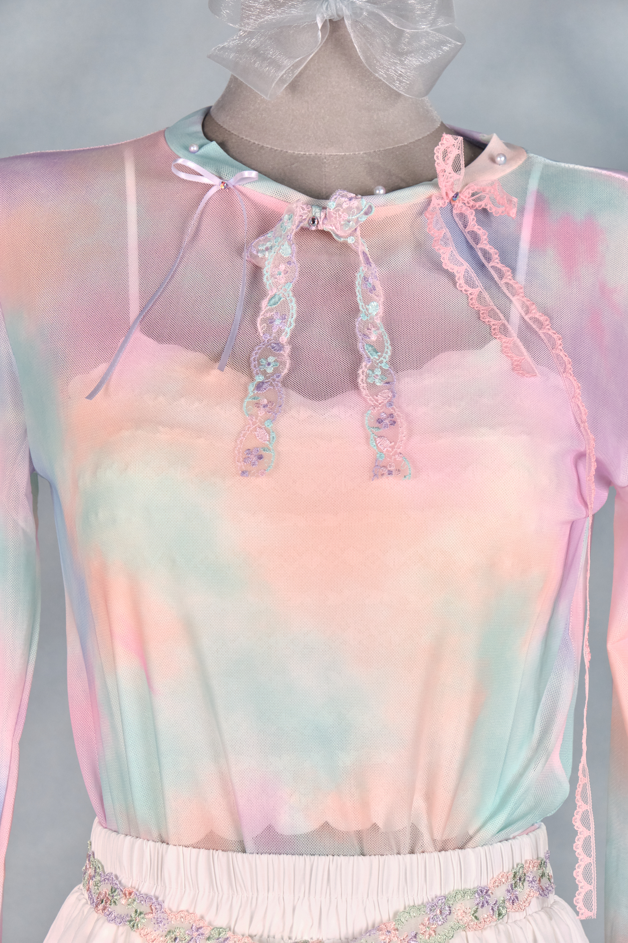 12410 Mesh Semi-Transparent Bow Long-Sleeve Top