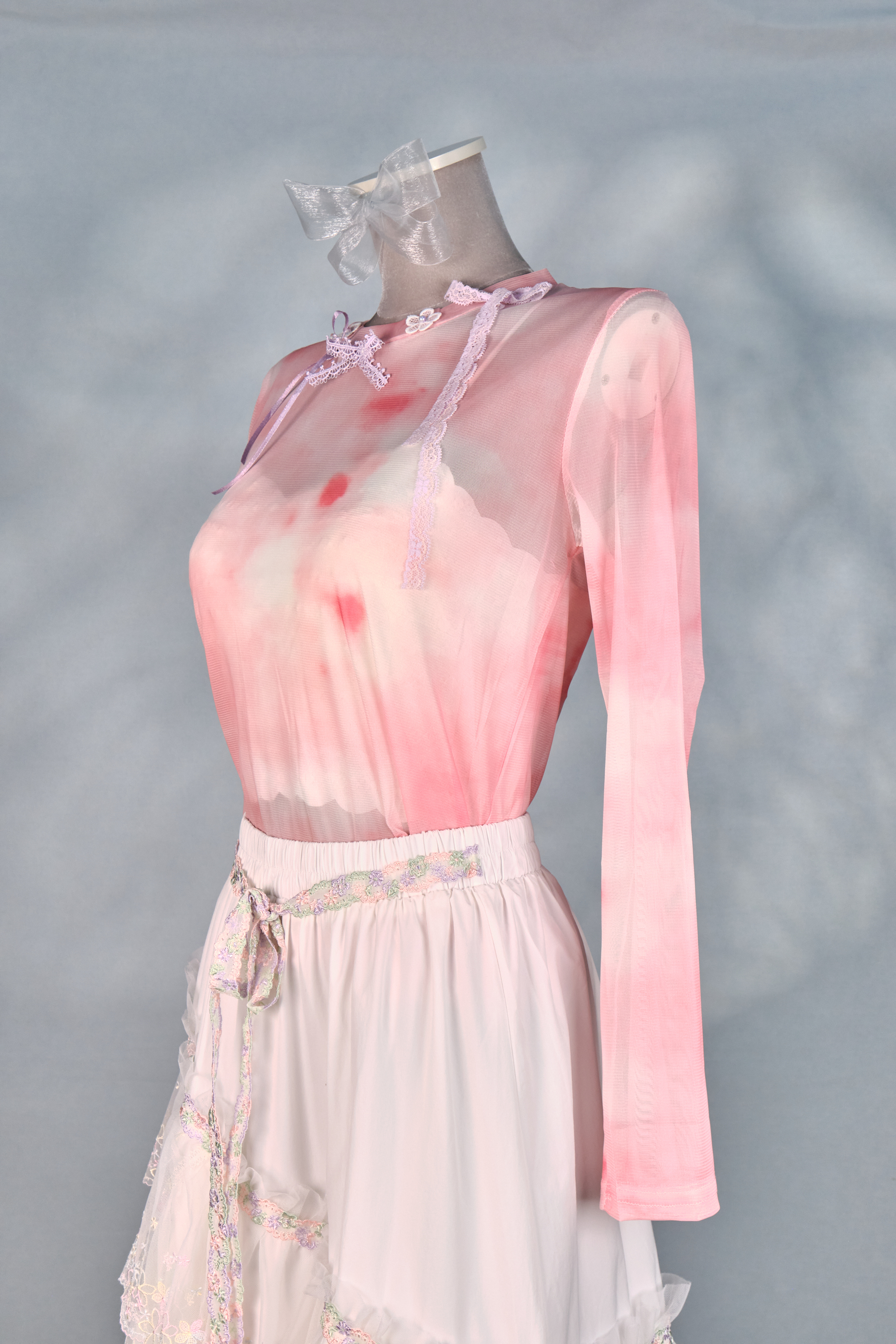 12409 Mesh Semi-Transparent Bow Long-Sleeve Top
