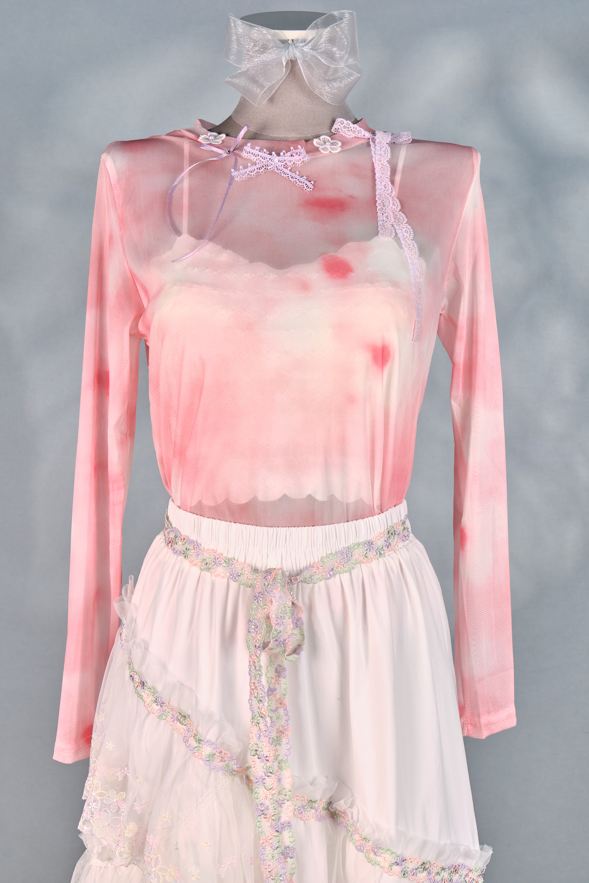 12409 Mesh Semi-Transparent Bow Long-Sleeve Top