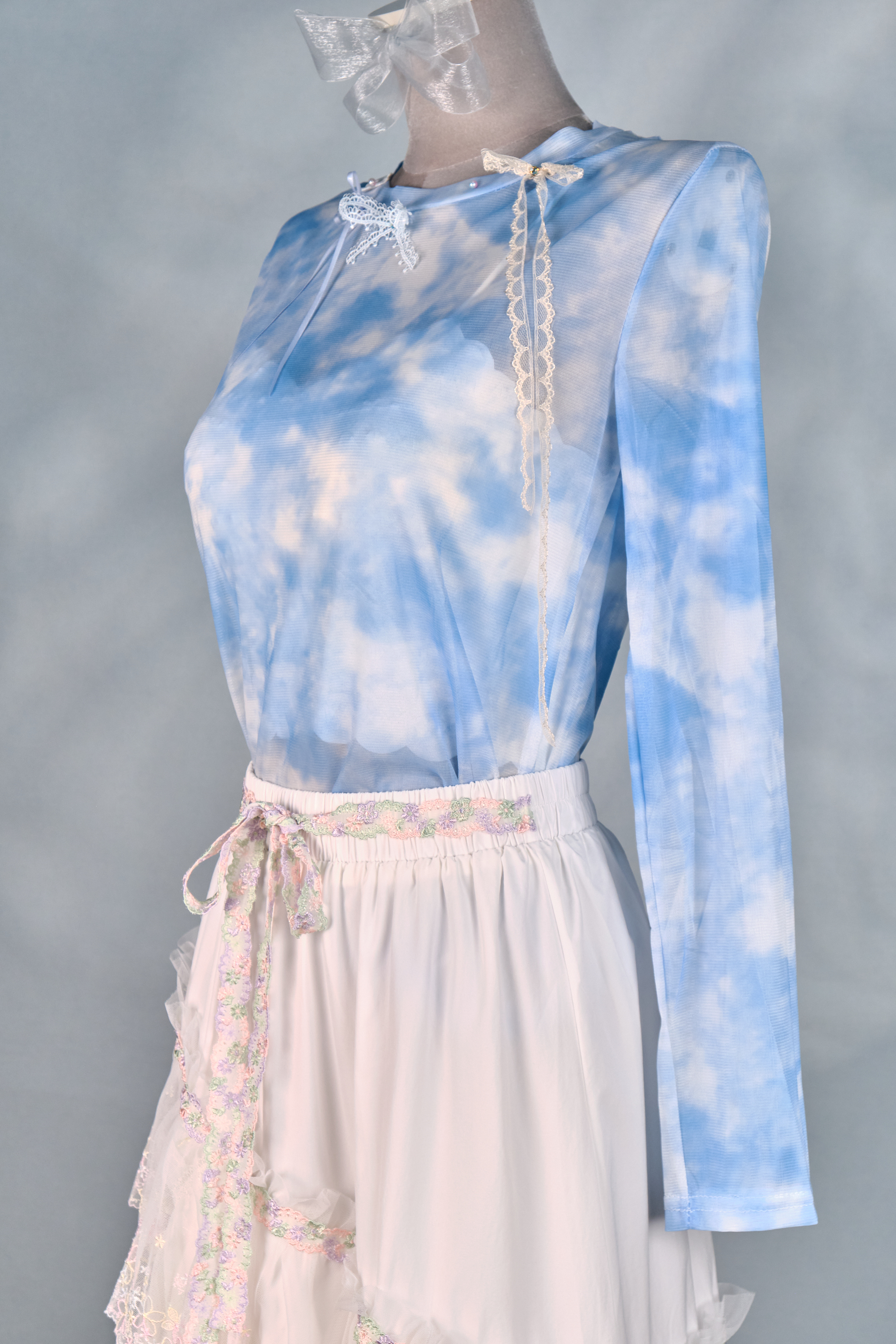 12408 Mesh Semi-Transparent Bow Long-Sleeve Top