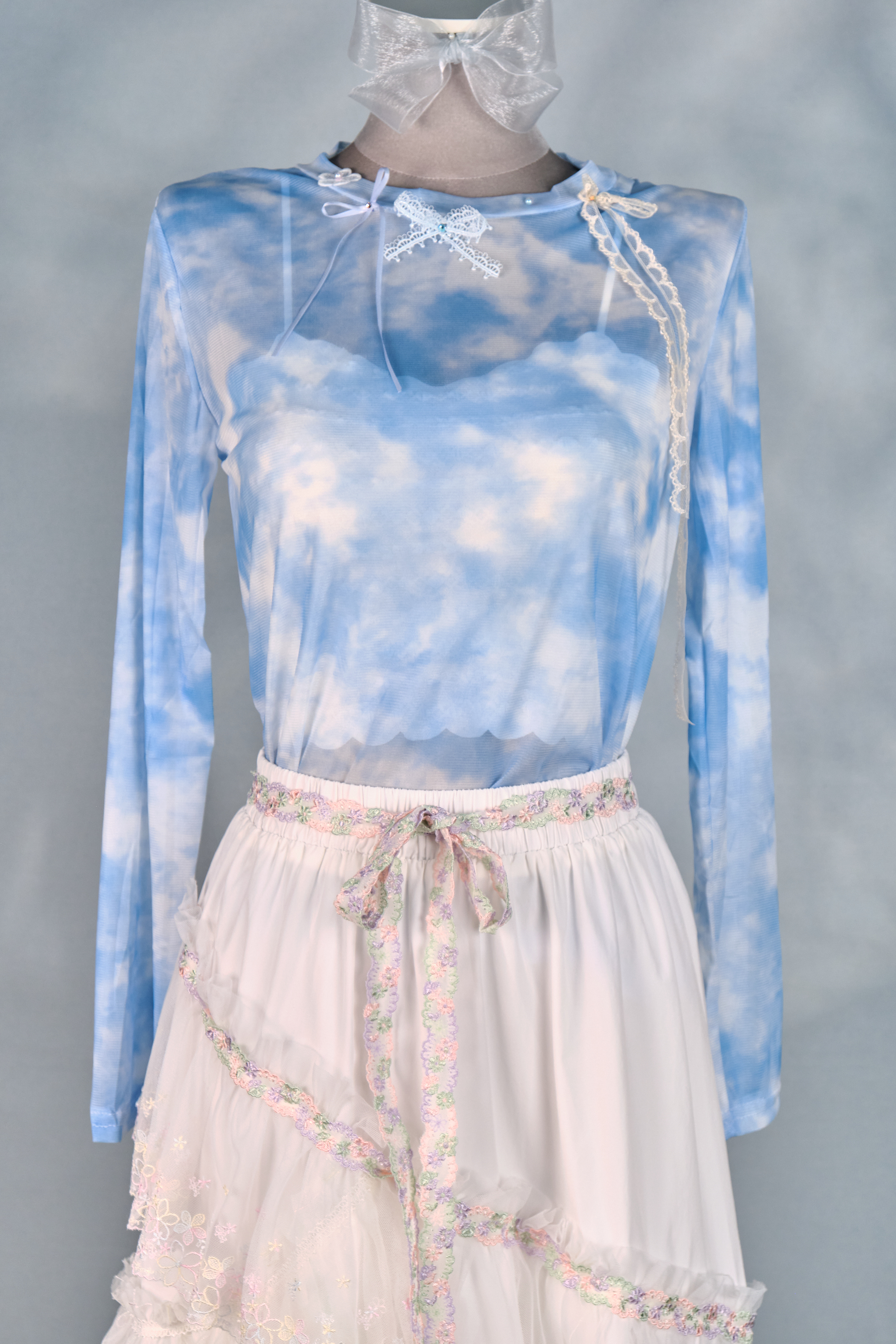 12408 Mesh Semi-Transparent Bow Long-Sleeve Top