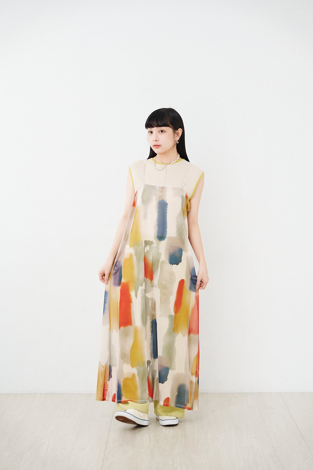 (預購)日光暈染！水彩透明感吊帶裙(三色-米彩)