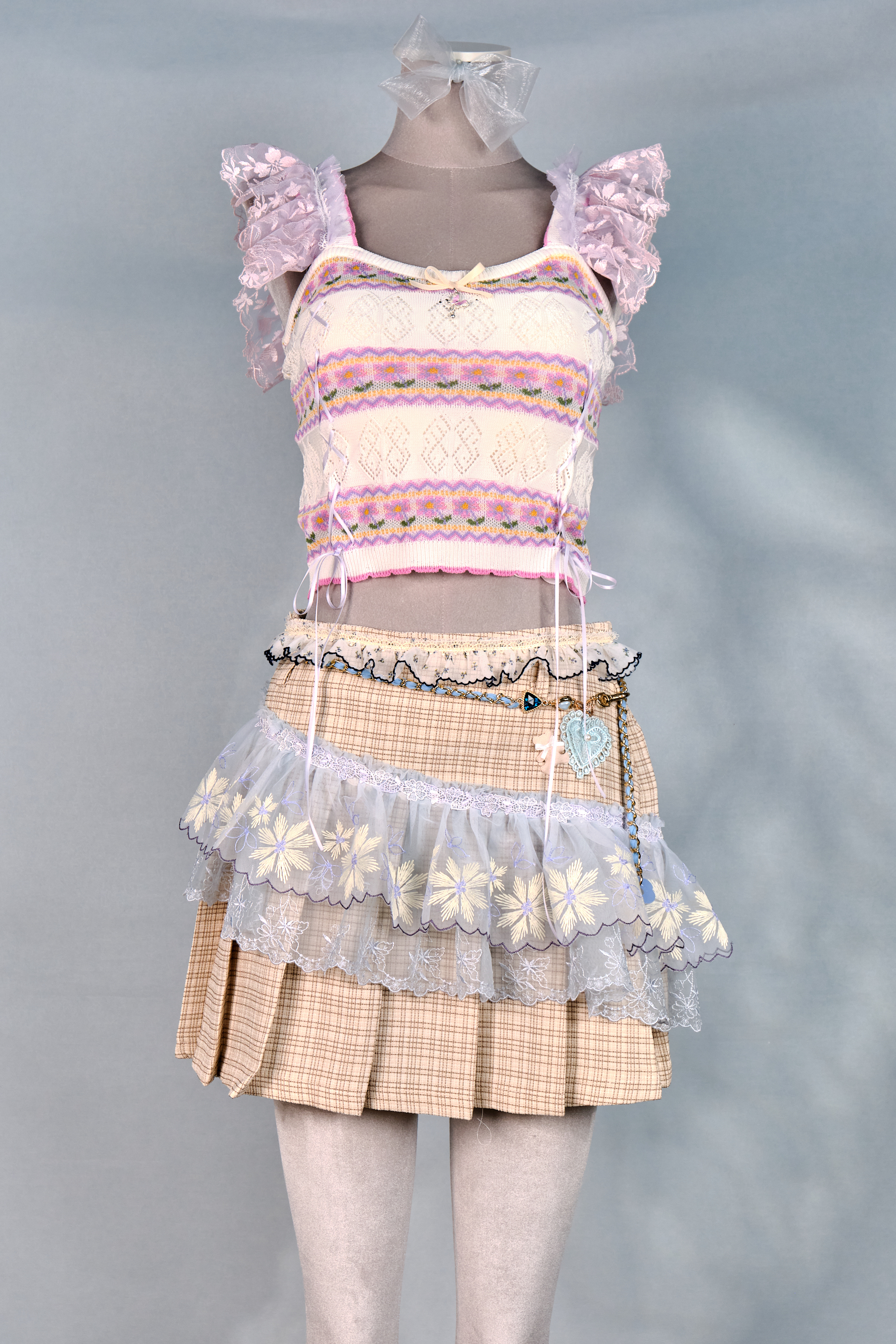 12392 Dreamy Academy Style Lace Plaid Pleated Skirt with Detachable Belt