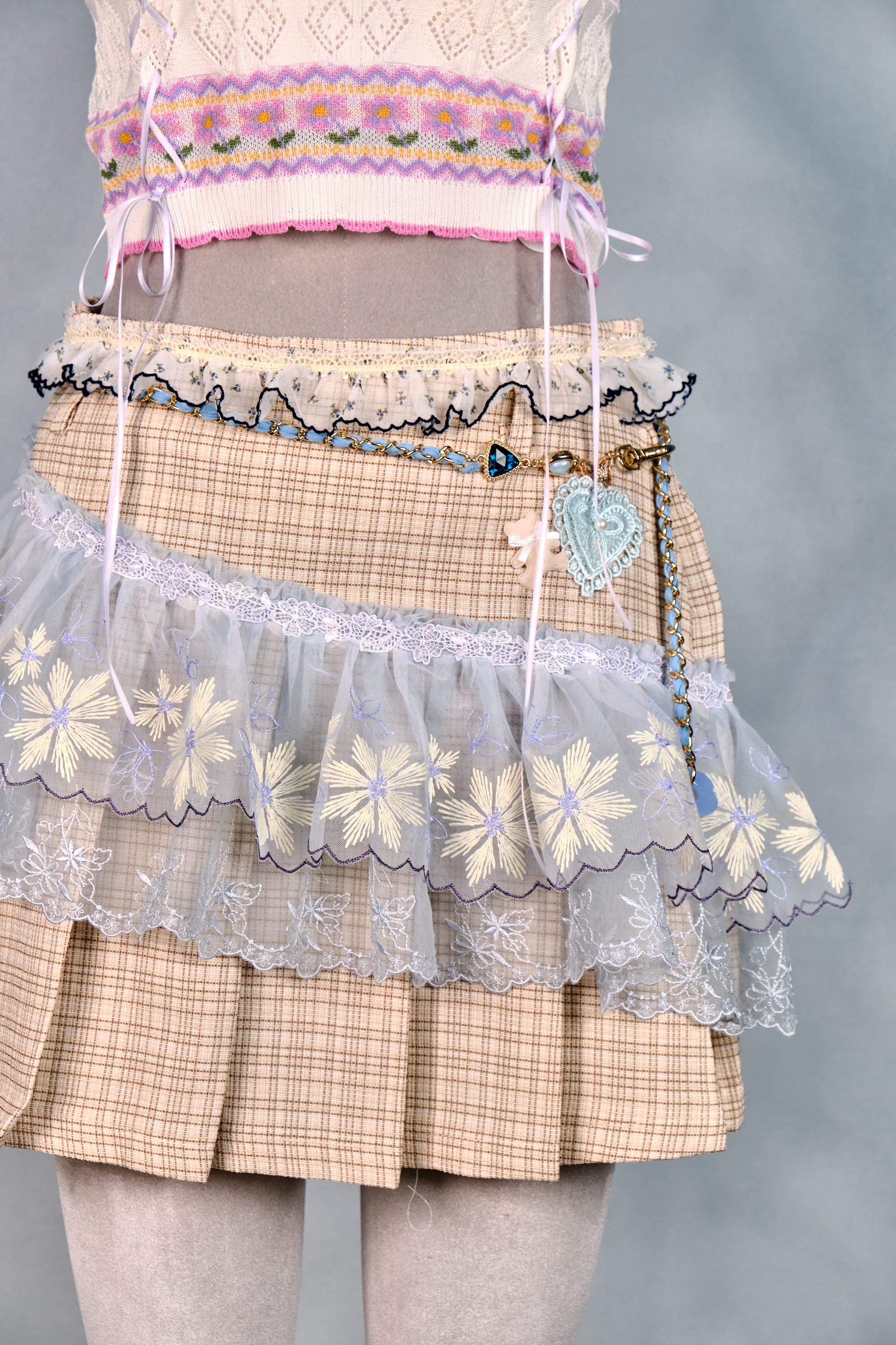 12392 Dreamy Academy Style Lace Plaid Pleated Skirt with Detachable Belt