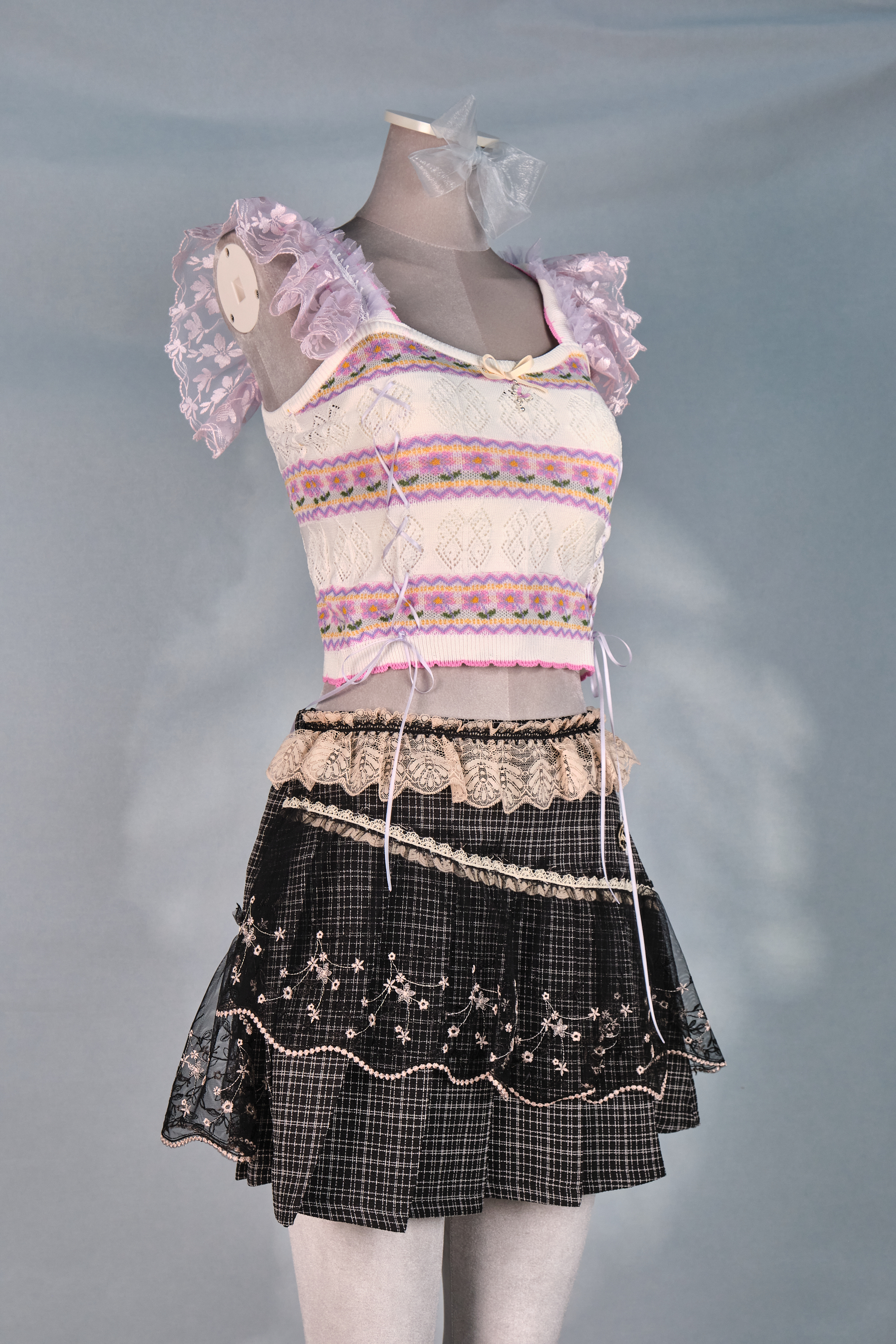 12391 Dreamy Academy Style Lace Plaid Pleated Skirt with Detachable Belt