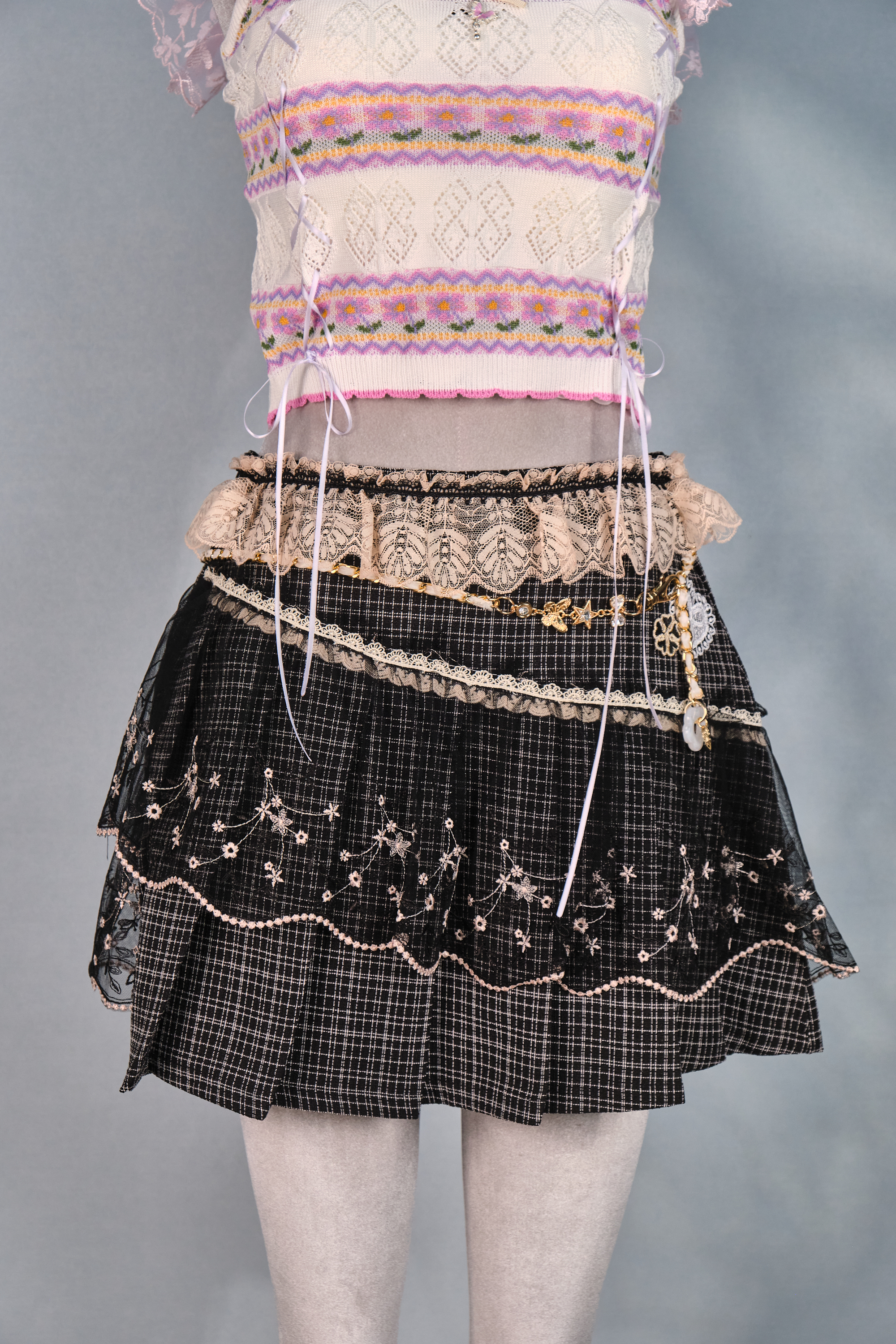 12391 Dreamy Academy Style Lace Plaid Pleated Skirt with Detachable Belt