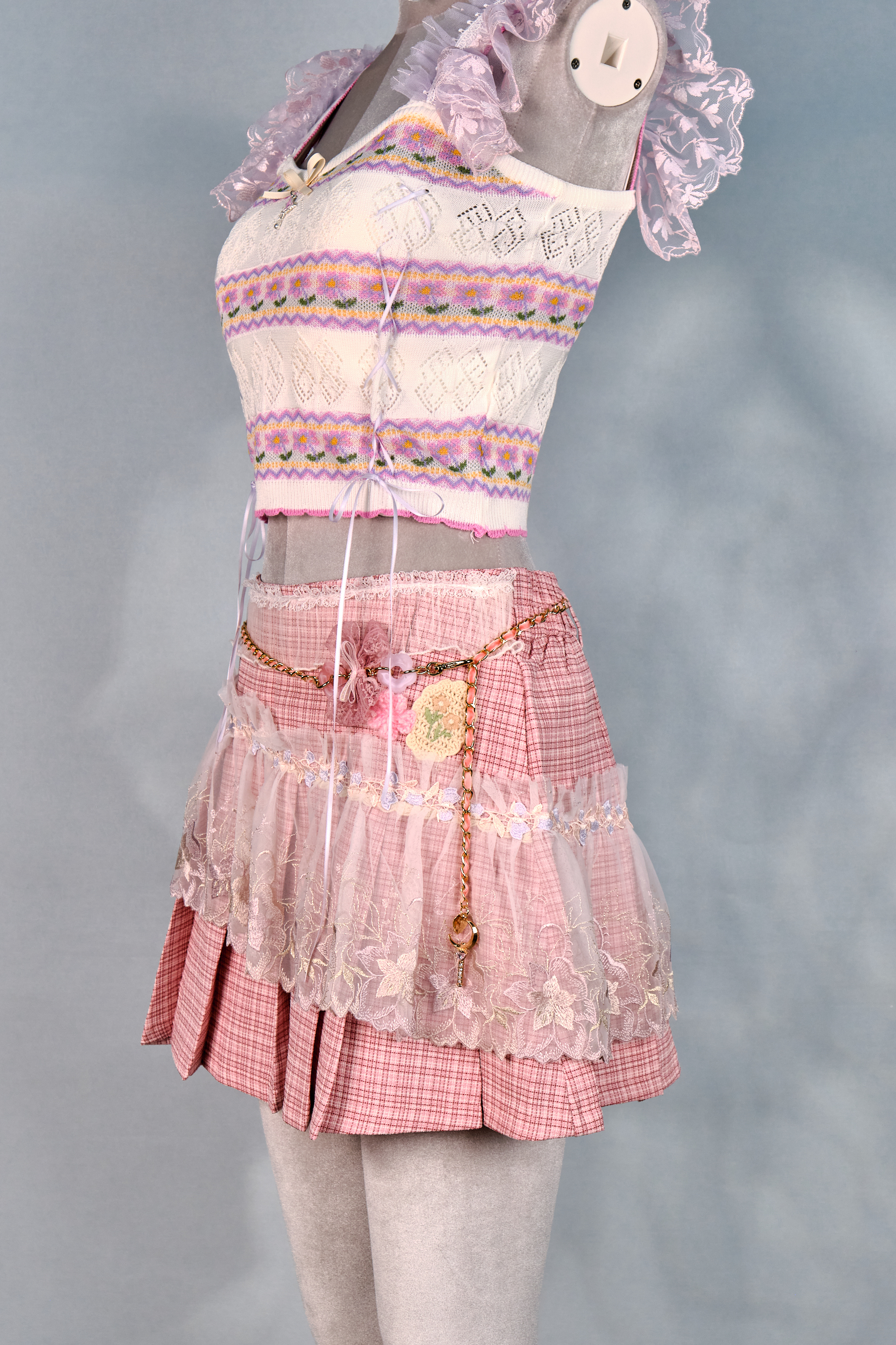 12390 Dreamy Academy Style Lace Plaid Pleated Skirt with Detachable Belt