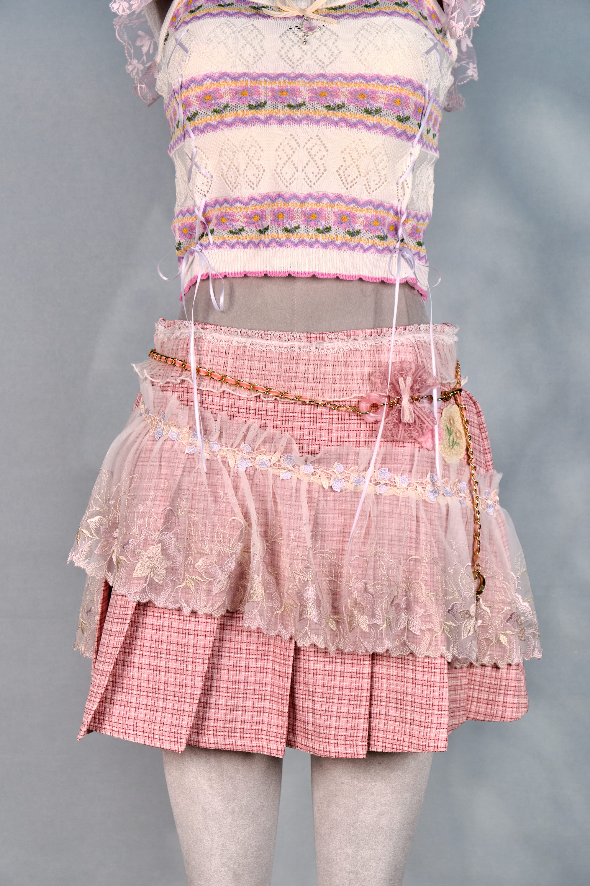 12390 Dreamy Academy Style Lace Plaid Pleated Skirt with Detachable Belt