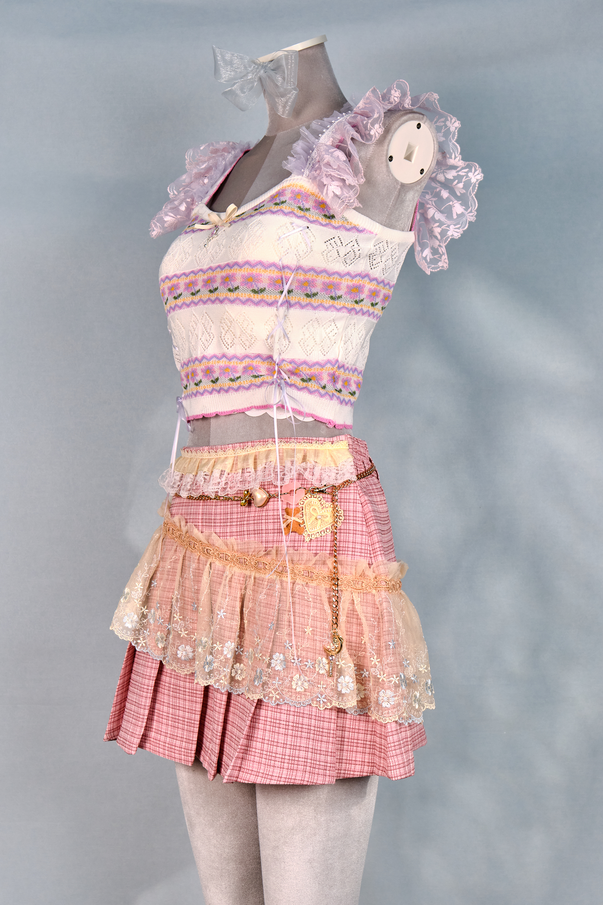 12389 Dreamy Academy Style Lace Plaid Pleated Skirt with Detachable Belt