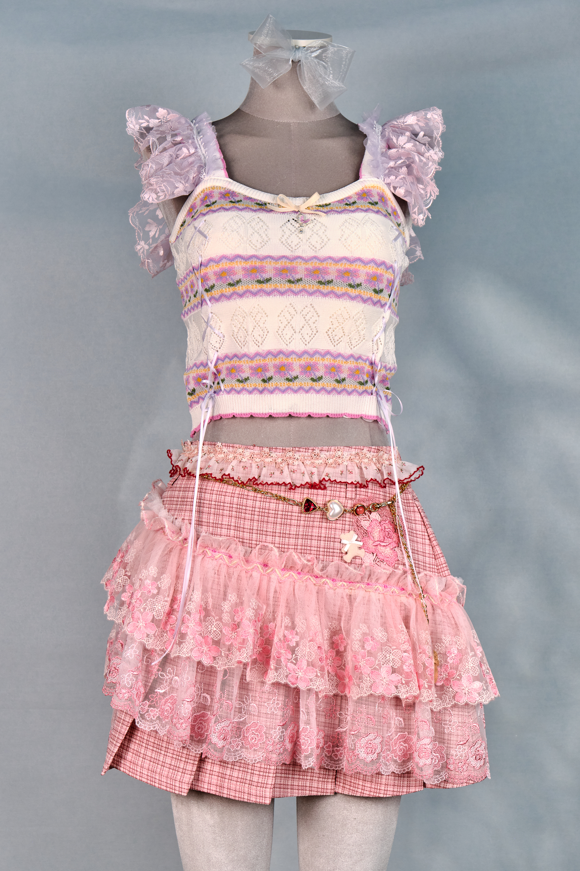 12388 Dreamy Academy Style Lace Plaid Pleated Skirt with Detachable Belt
