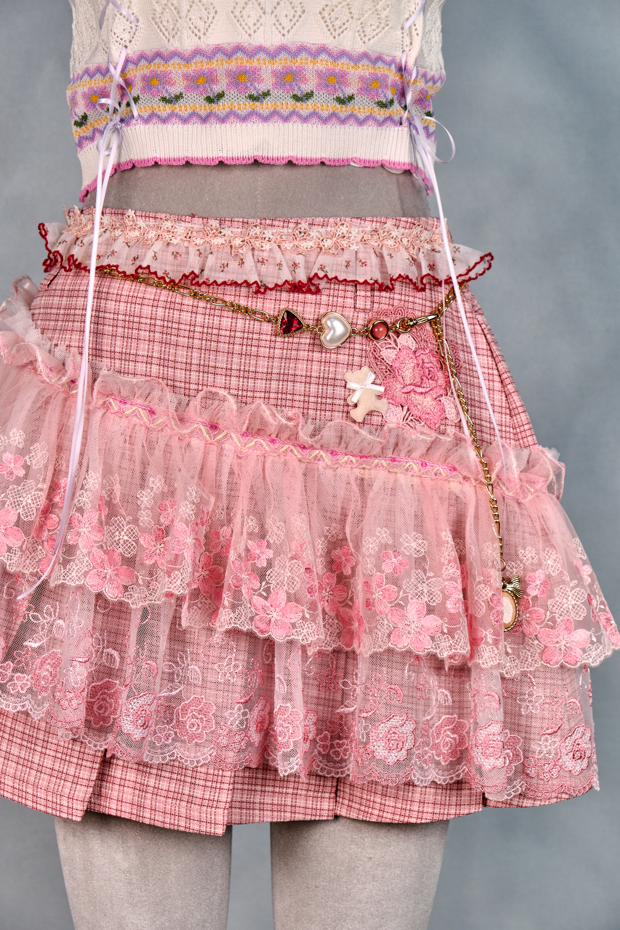 12388 Dreamy Academy Style Lace Plaid Pleated Skirt with Detachable Belt