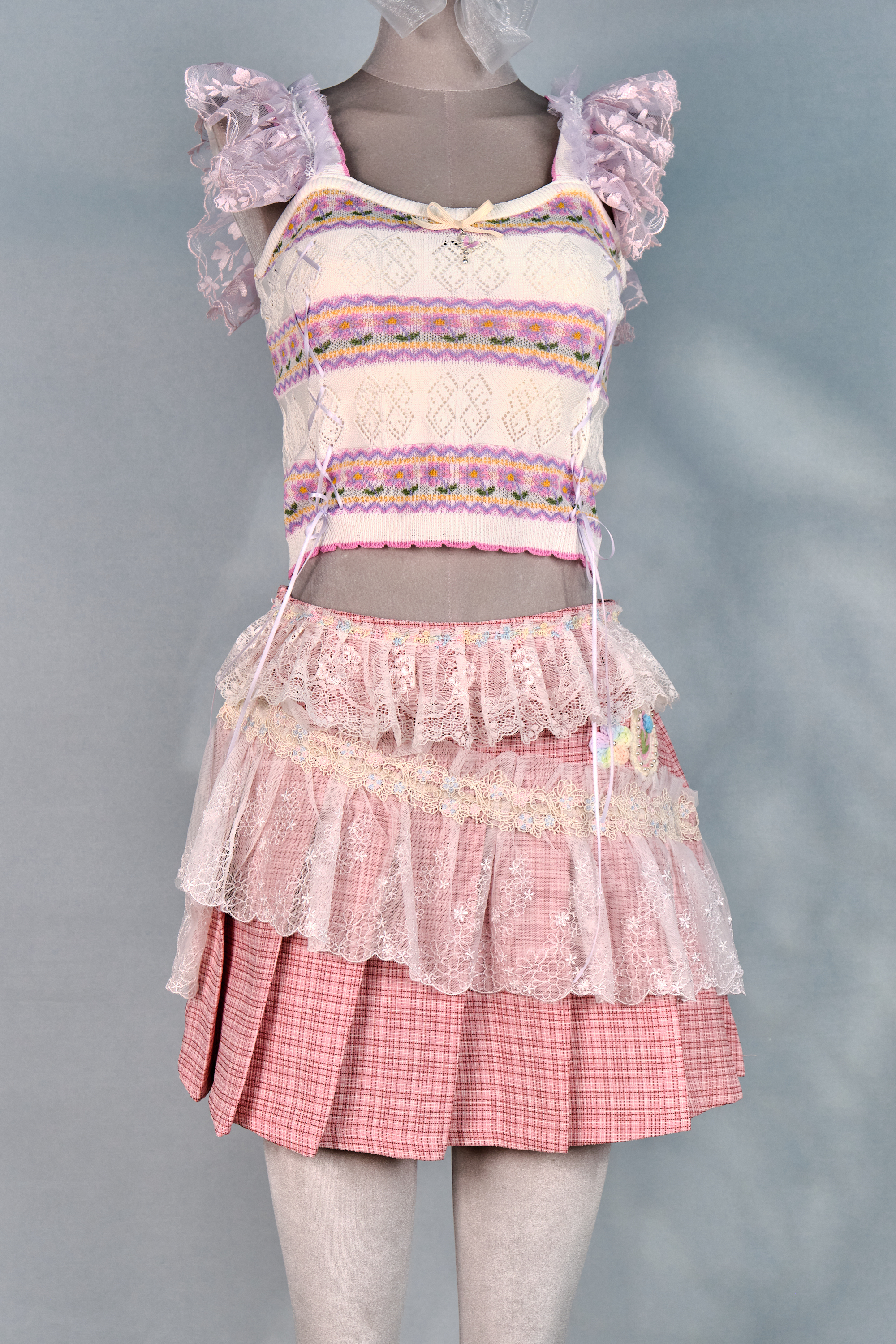 12387 Dreamy Academy Style Lace Plaid Pleated Skirt with Detachable Belt