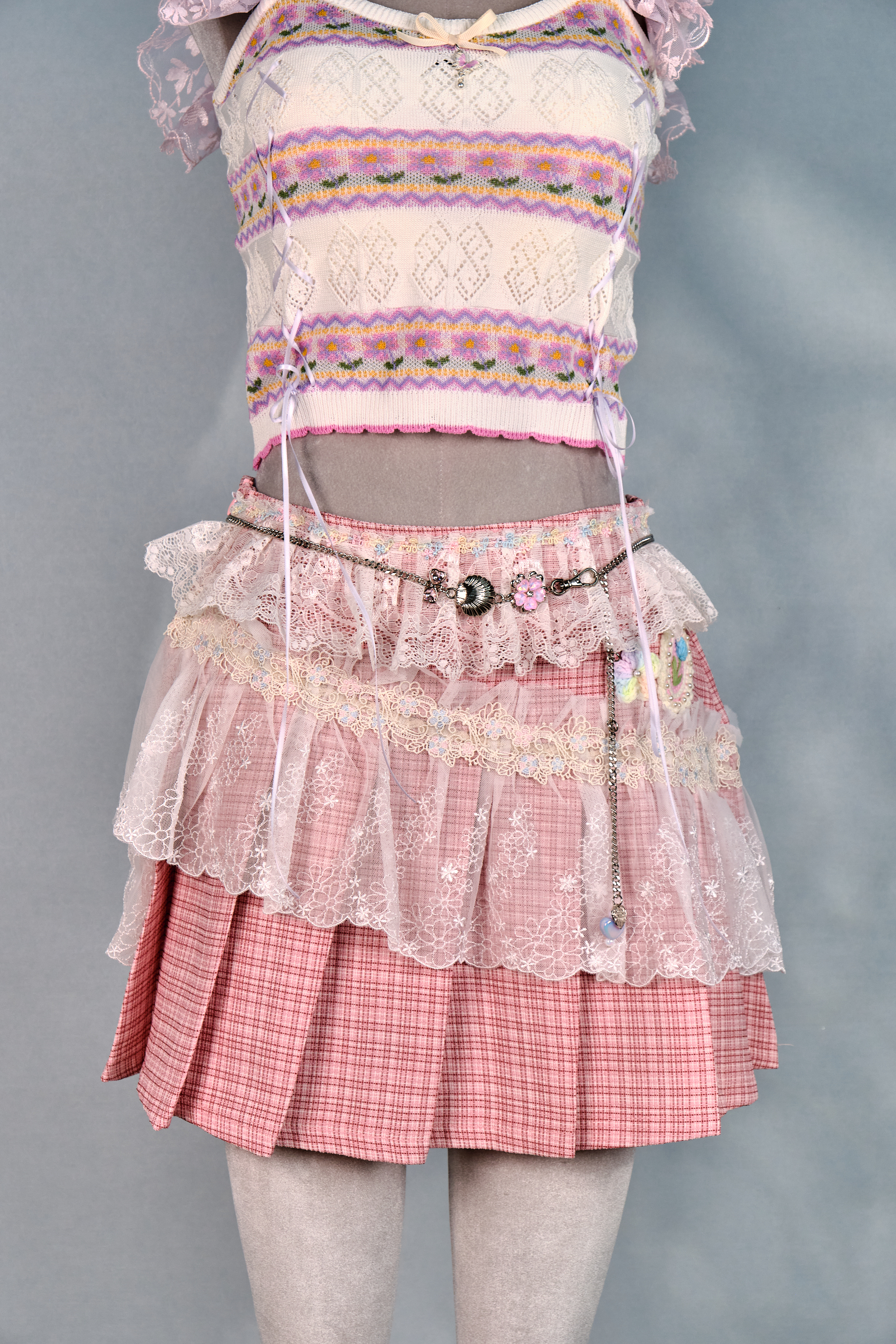 12387 Dreamy Academy Style Lace Plaid Pleated Skirt with Detachable Belt