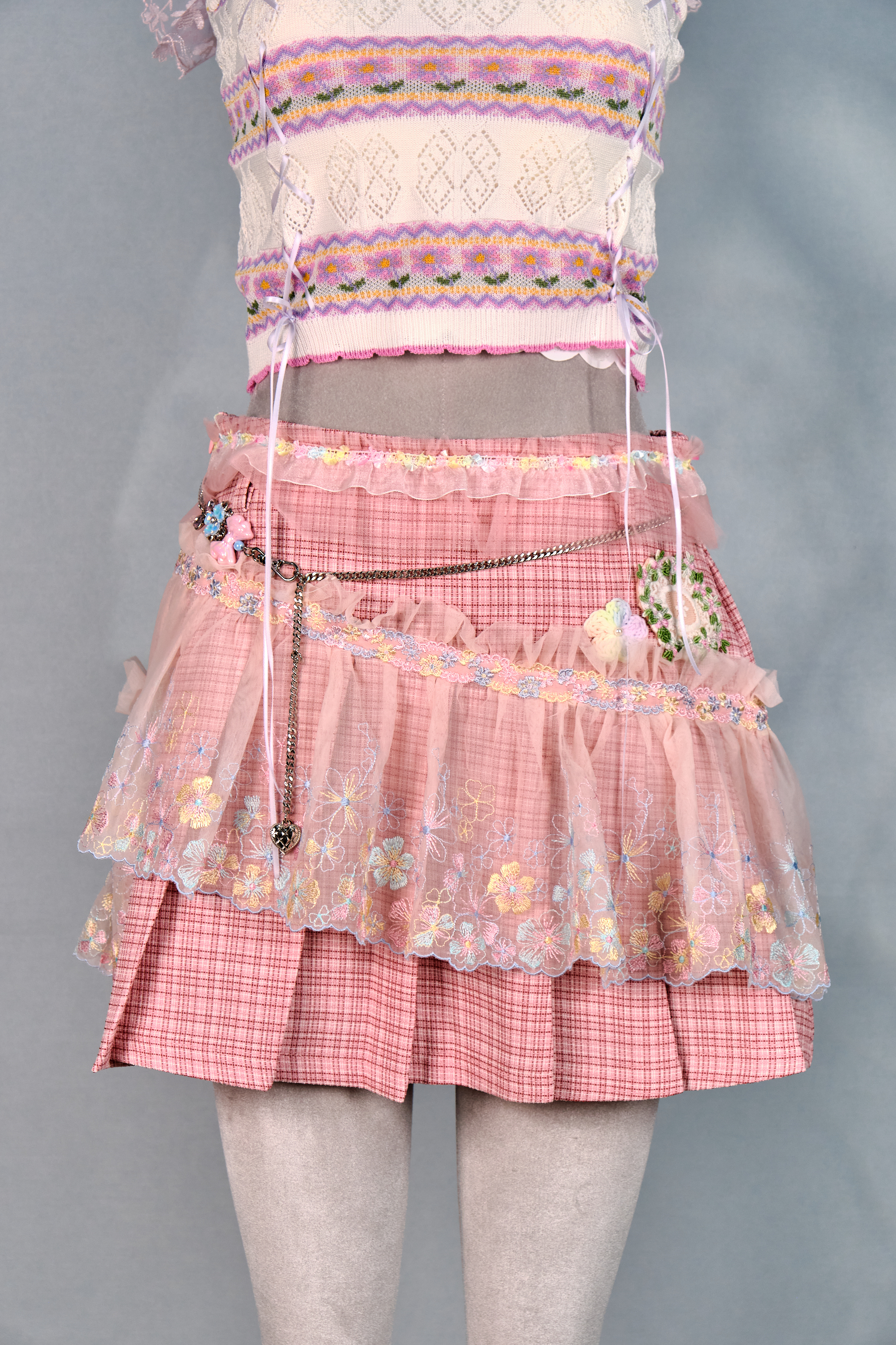 12386 Dreamy Academy Style Lace Plaid Pleated Skirt with Detachable Belt