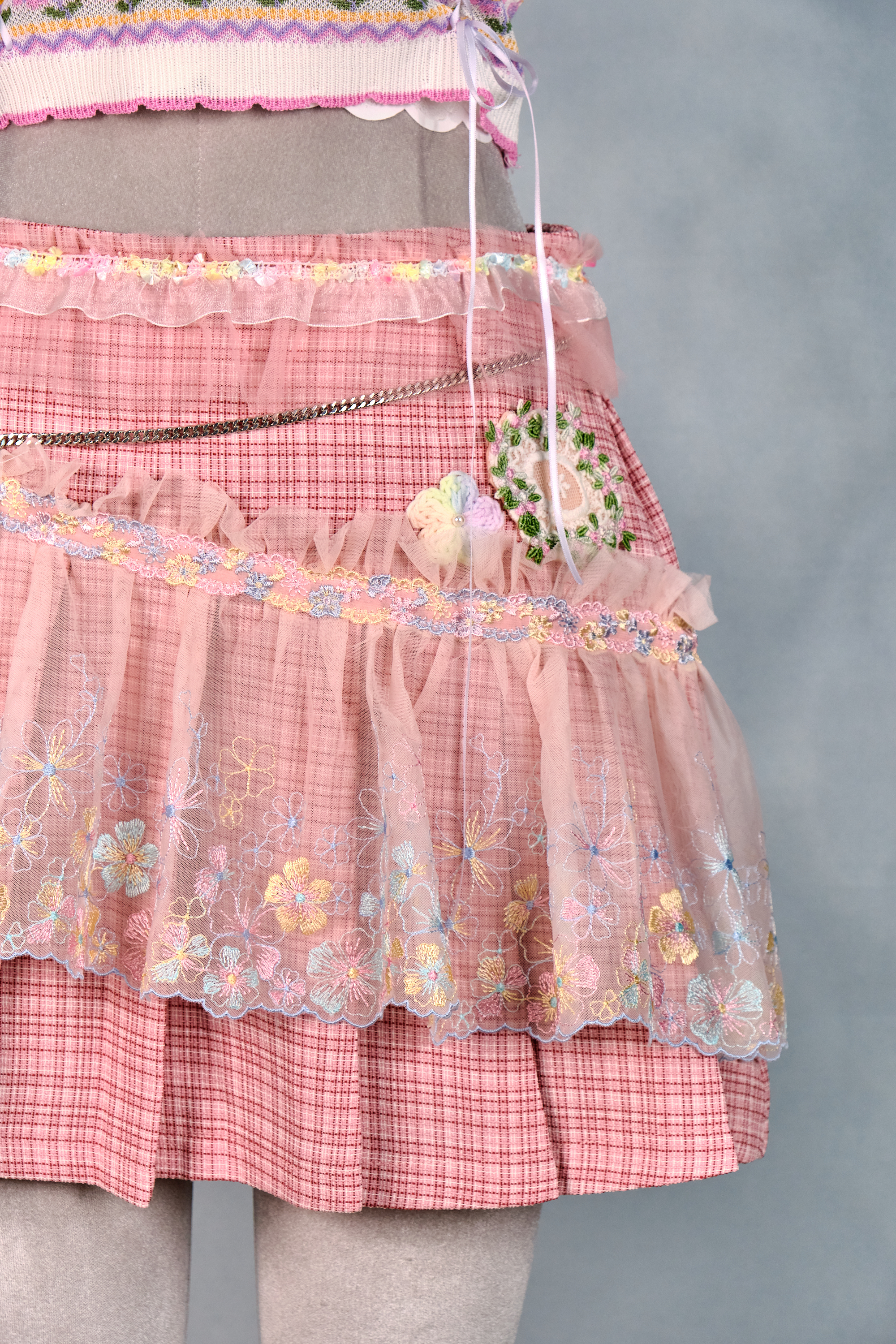 12386 Dreamy Academy Style Lace Plaid Pleated Skirt with Detachable Belt