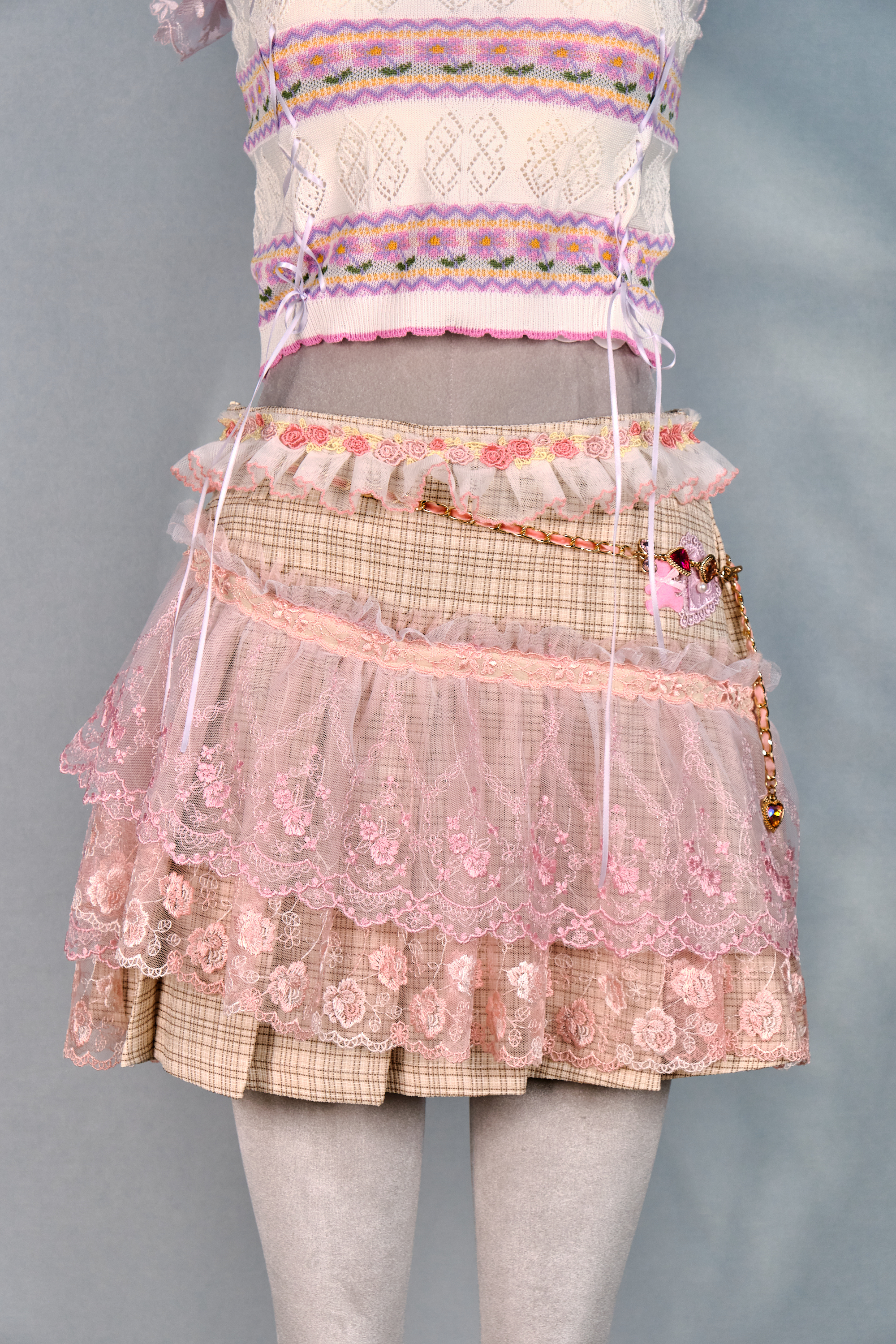 12385 Dreamy Academy Style Lace Plaid Pleated Skirt with Detachable Belt