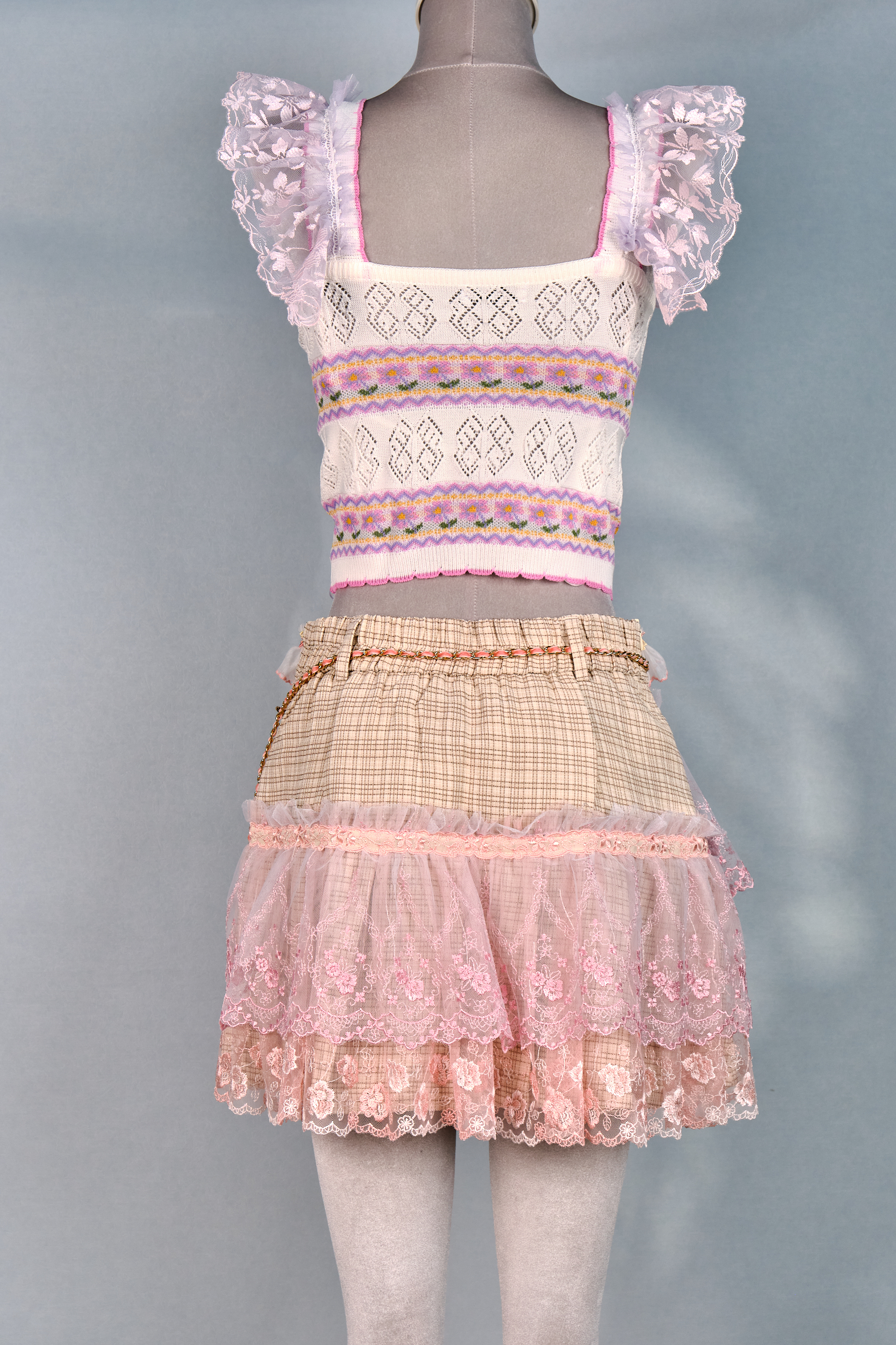 12385 Dreamy Academy Style Lace Plaid Pleated Skirt with Detachable Belt