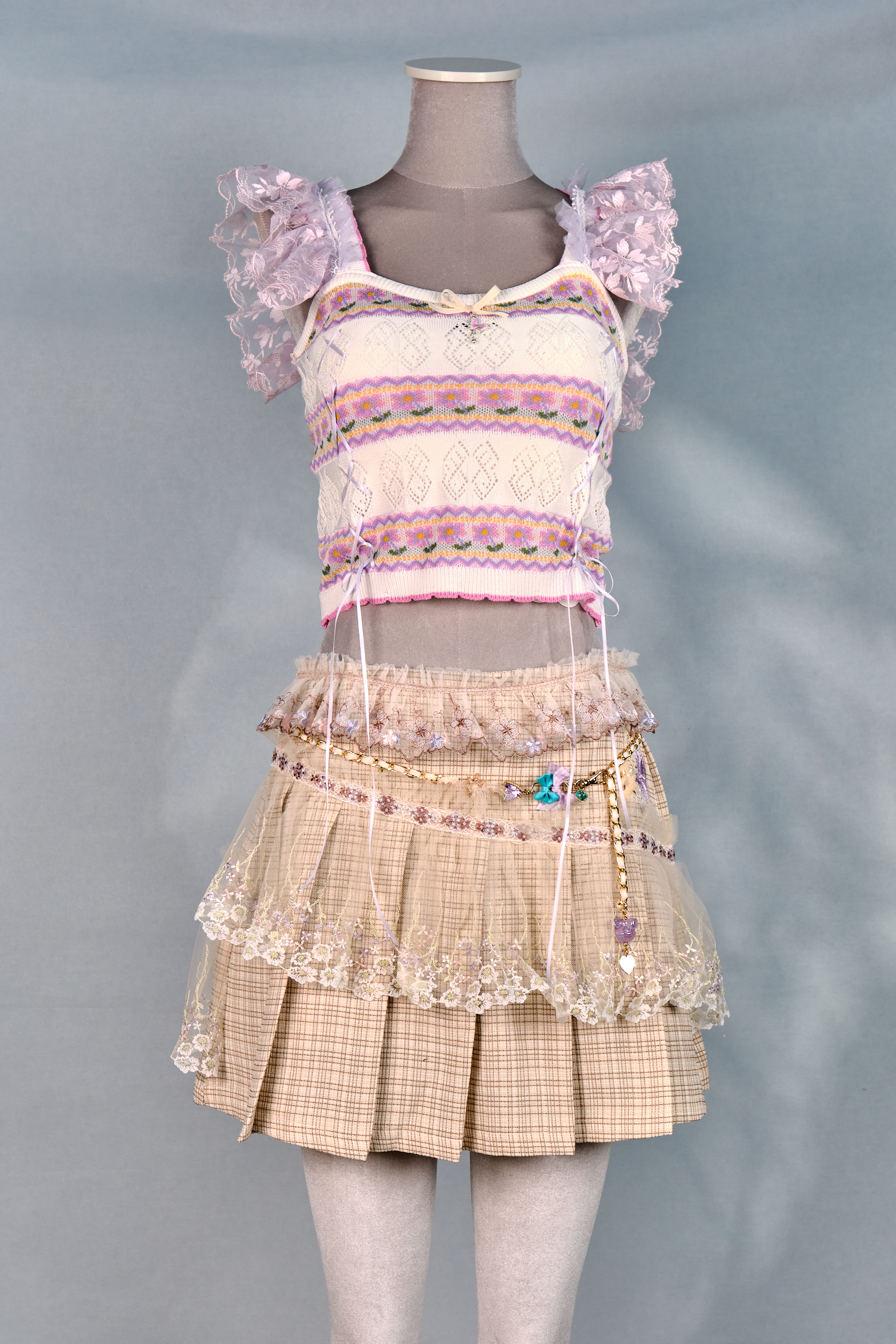 12384 Dreamy Academy Style Lace Plaid Pleated Skirt with Detachable Belt