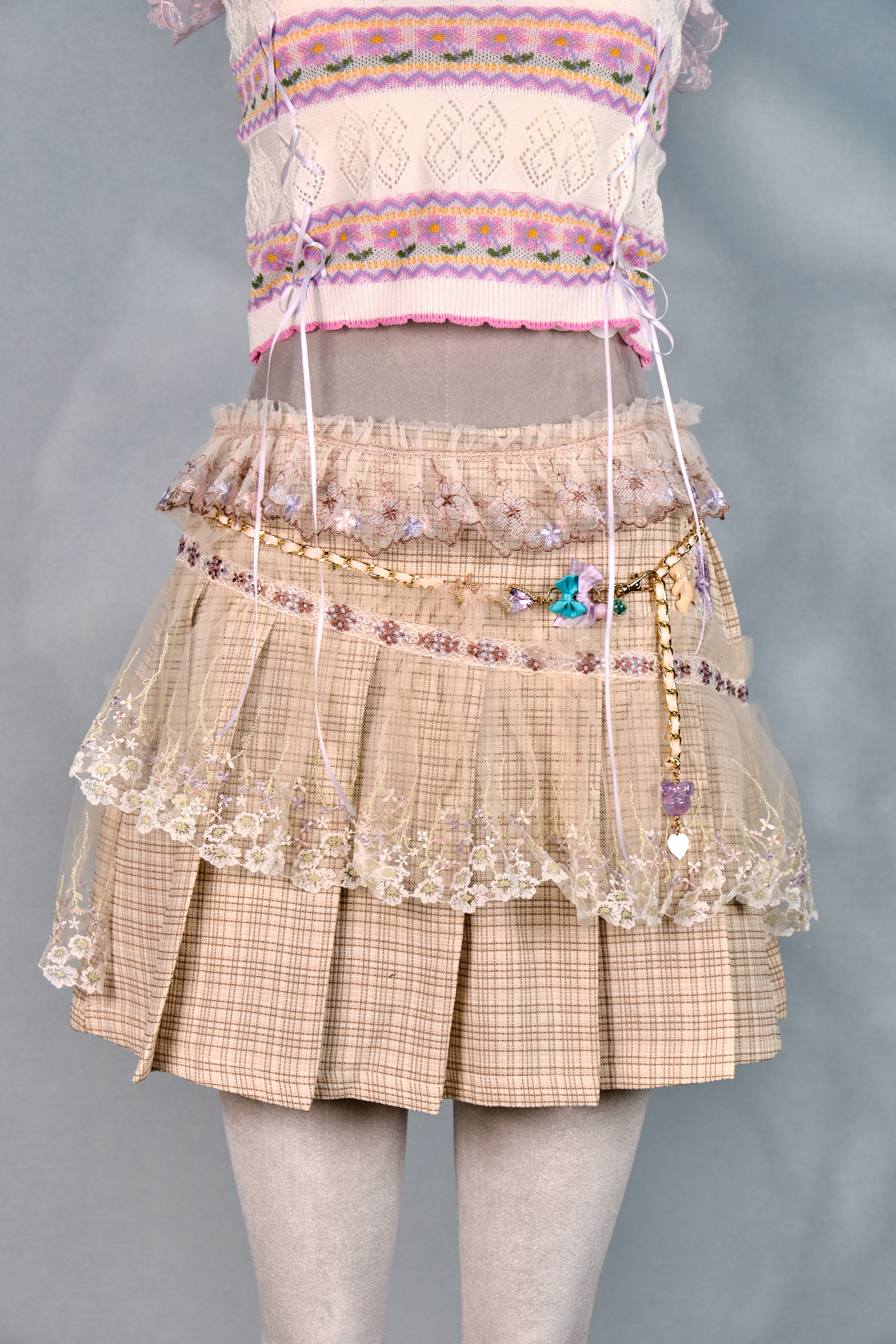 12384 Dreamy Academy Style Lace Plaid Pleated Skirt with Detachable Belt