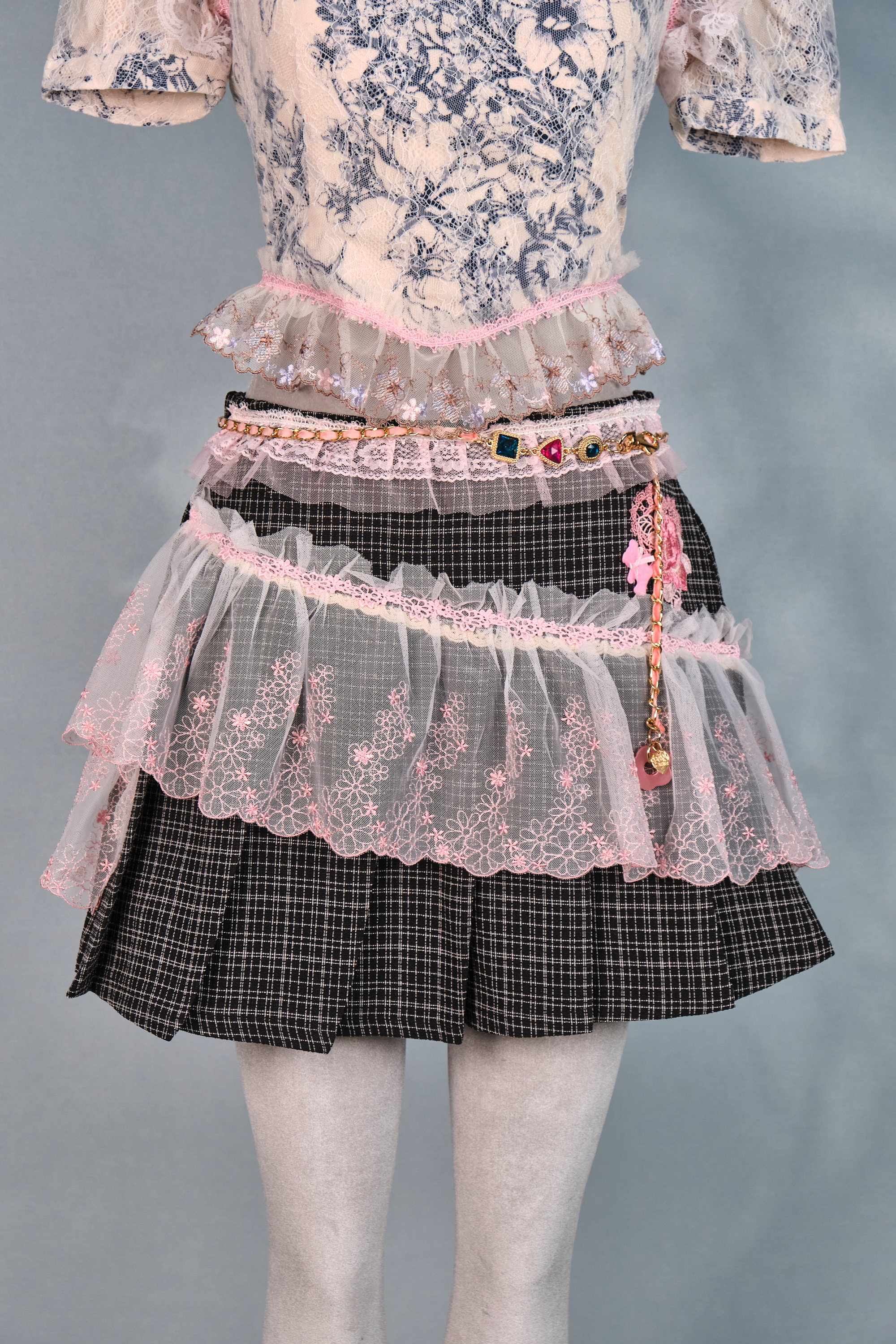 12383 Dreamy Academy Style Lace Plaid Pleated Skirt with Detachable Belt
