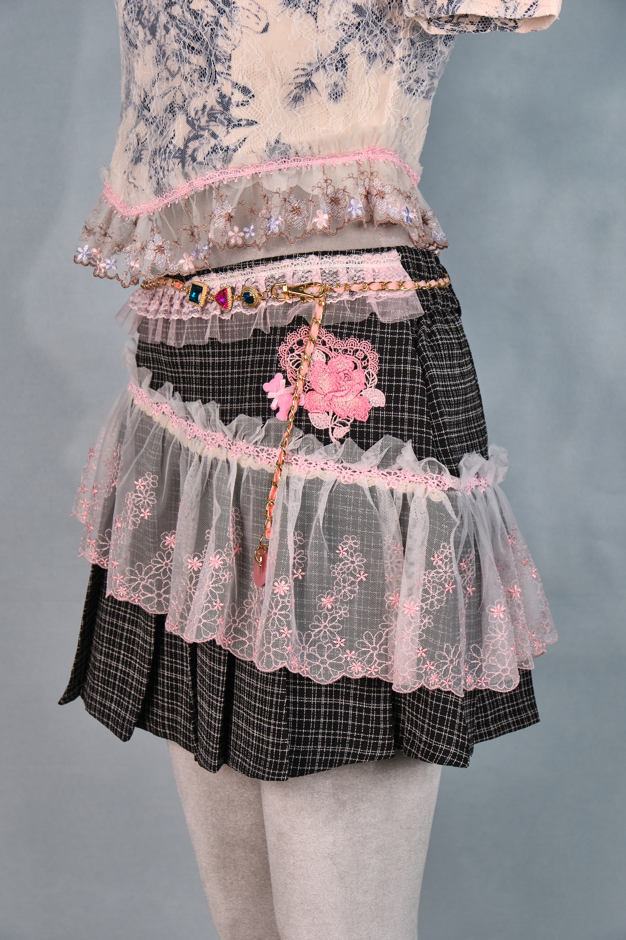 12383 Dreamy Academy Style Lace Plaid Pleated Skirt with Detachable Belt