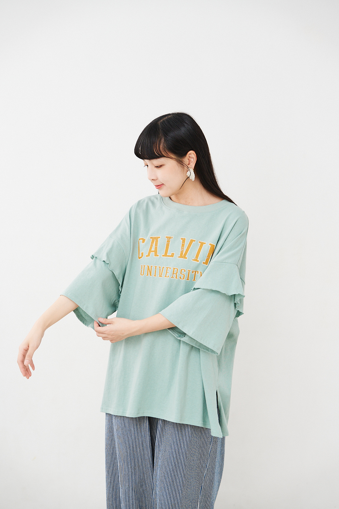 接觸冷感！天竺袖褶邊Tee(三色-薄荷)