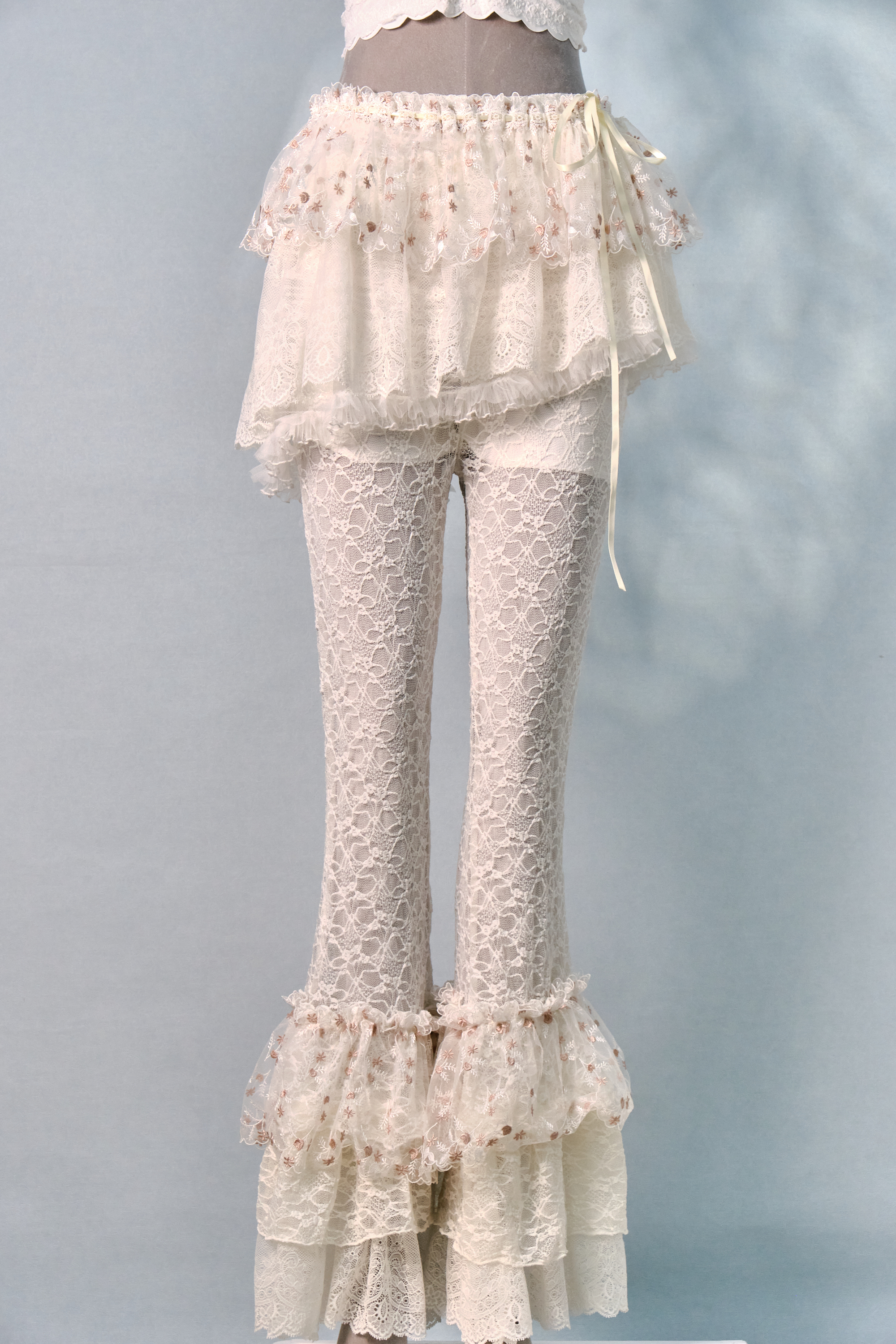 12369 Lace Slim Flared Long Pants with Detachable Lace Suspender Skirt Cover