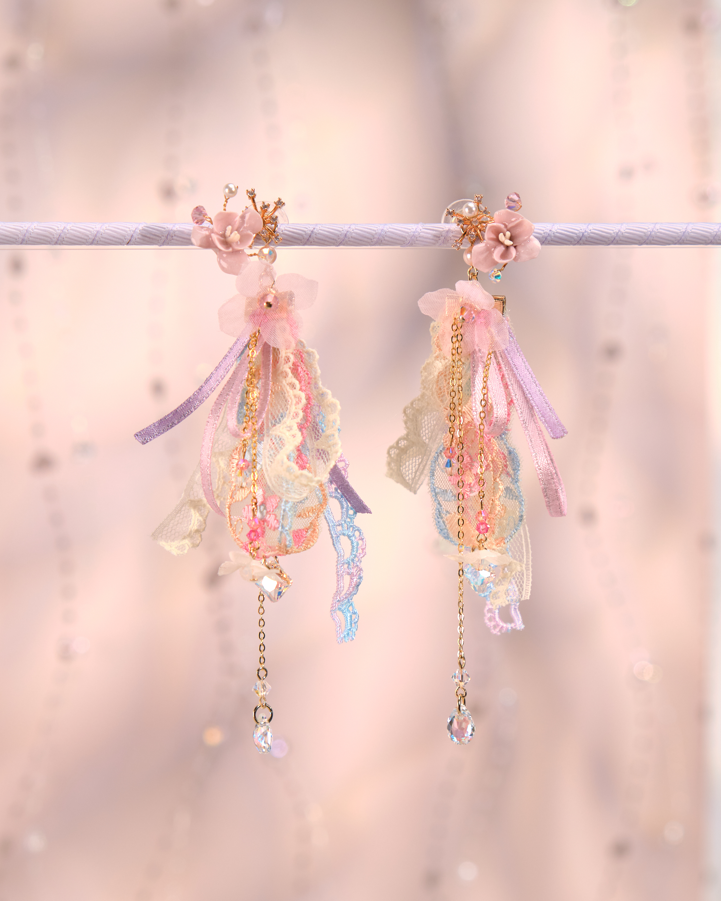 12273 兩用小花彩虹絲帶耳環