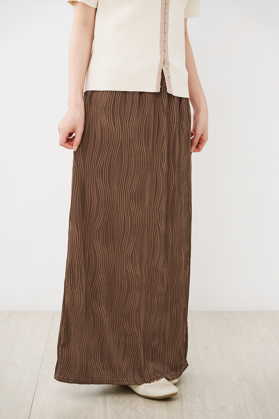 (限量)誰藏了一片海！波浪紋半身裙(三色-摩卡棕)