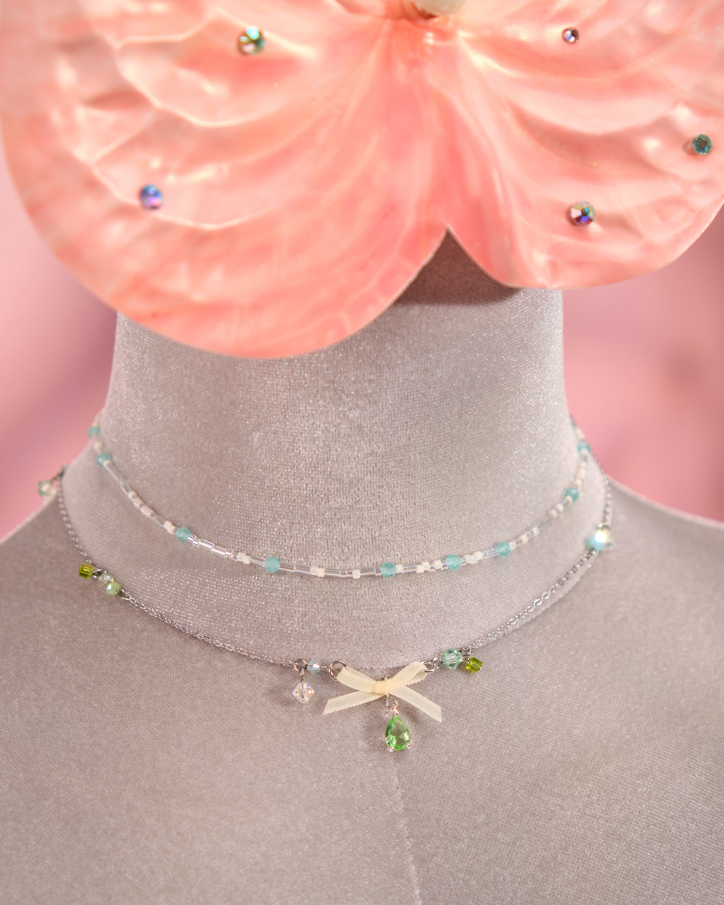 12256 Bow & Seed Bead Choker Necklace Set