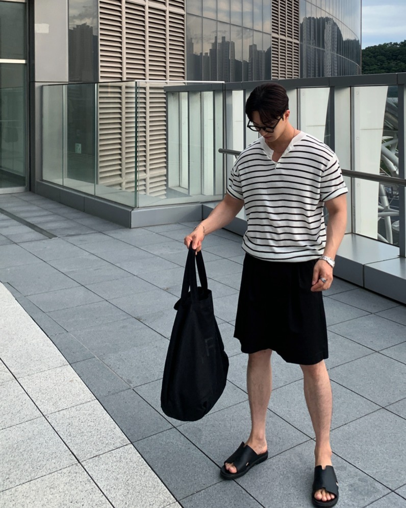 亨利領單排扣肌肉版短袖針織衫