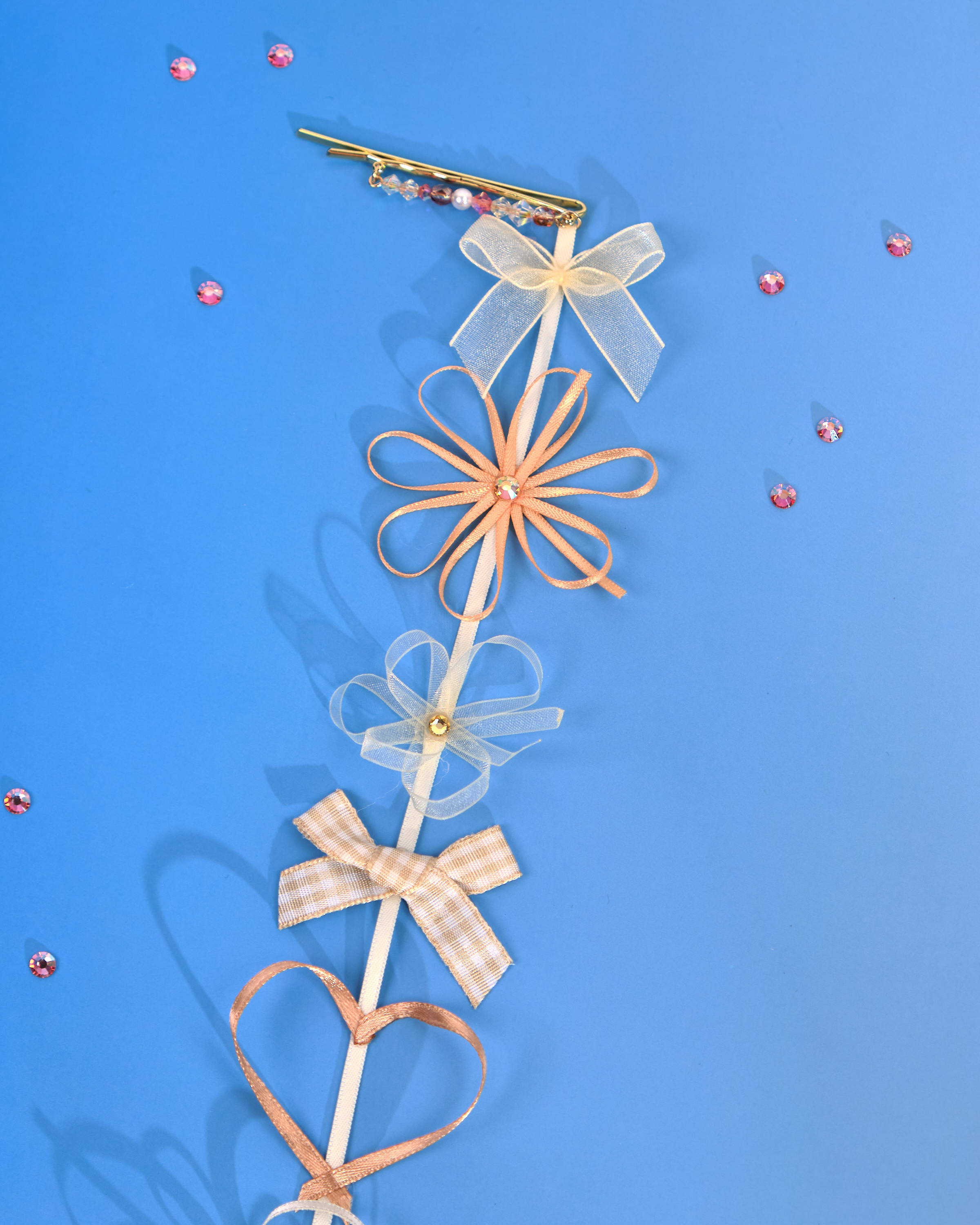 12195 小花一字夾配絲帶花吊飾