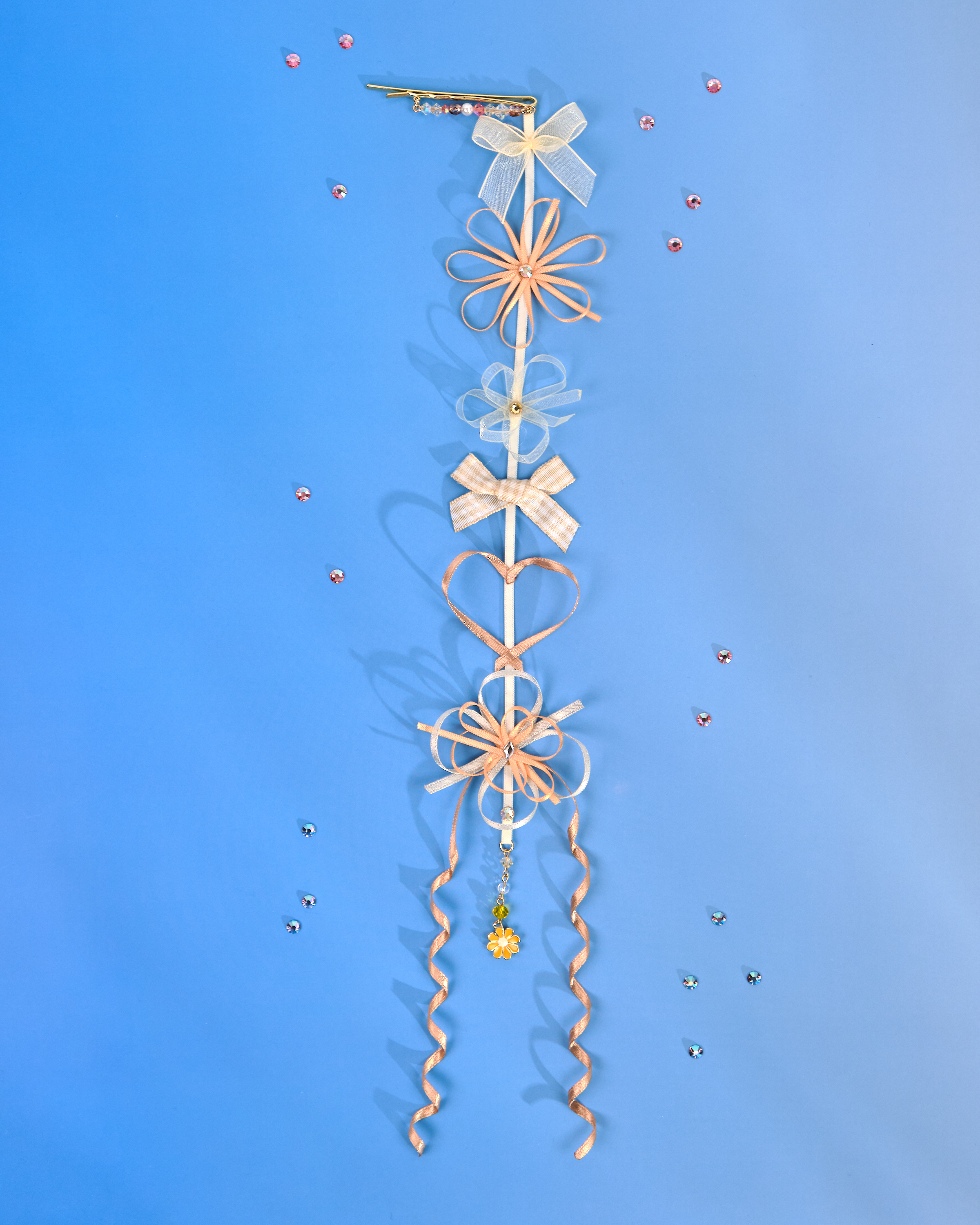 12195 小花一字夾配絲帶花吊飾