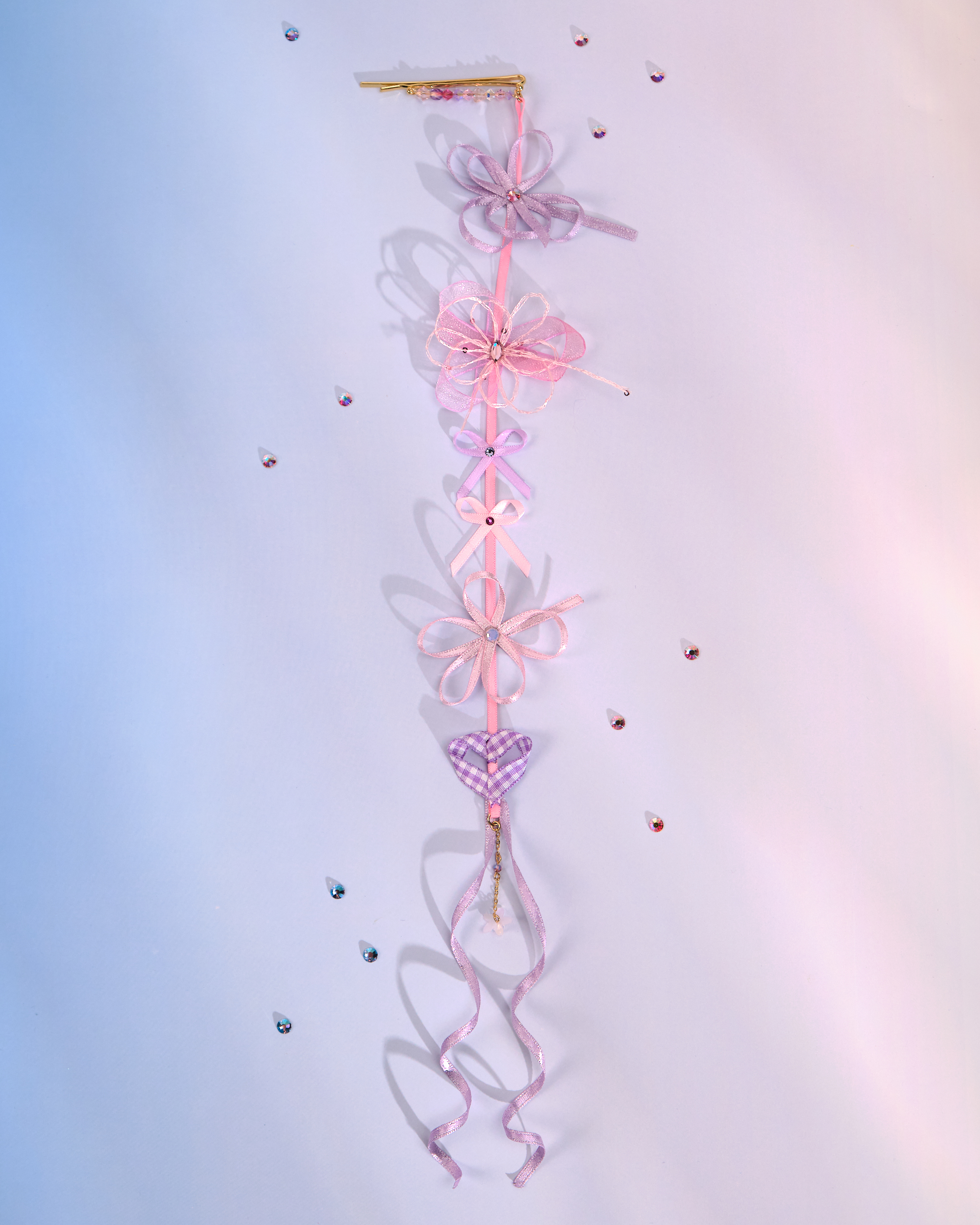 12194 小花一字夾配絲帶花吊飾