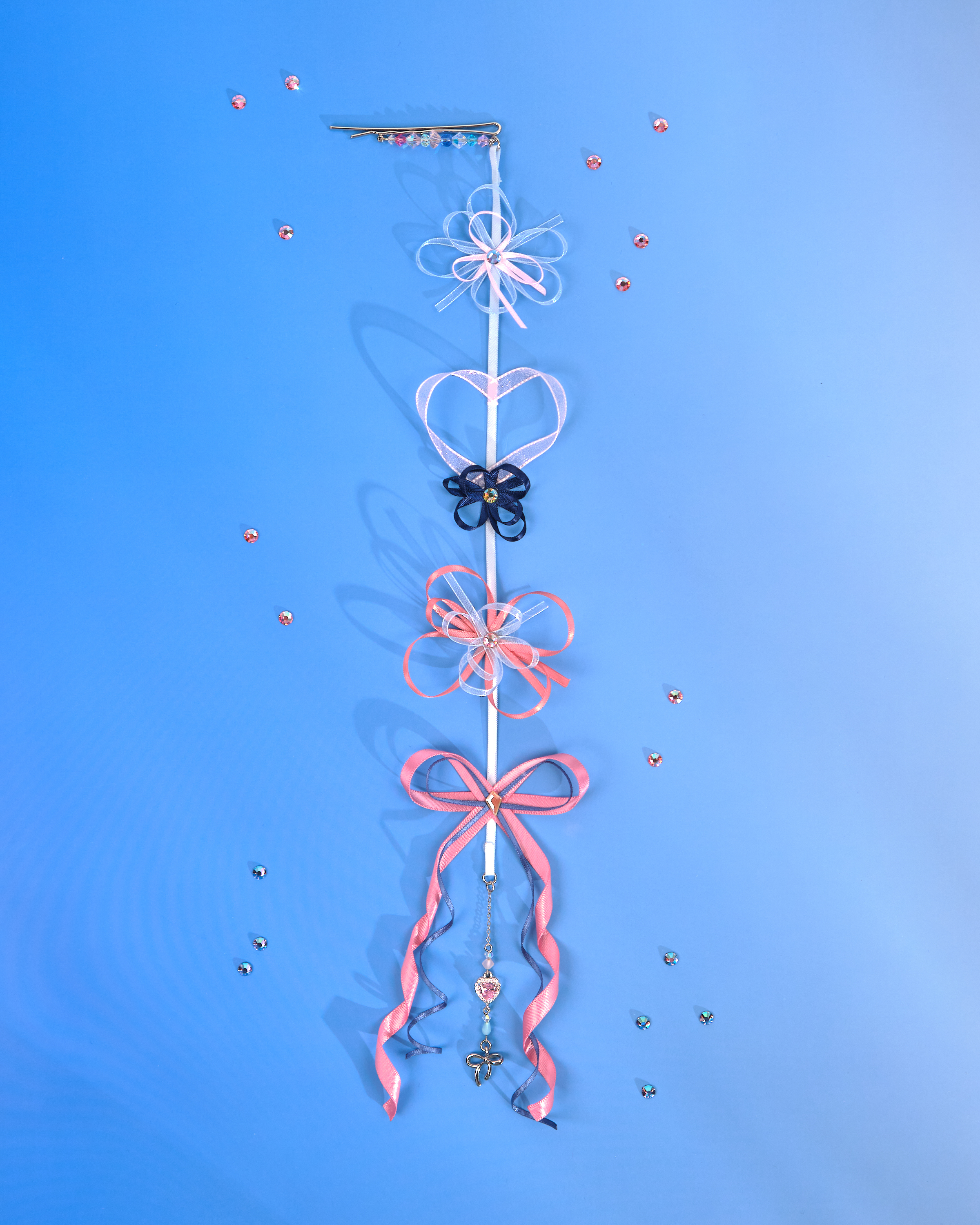 12193 小花一字夾配絲帶花吊飾