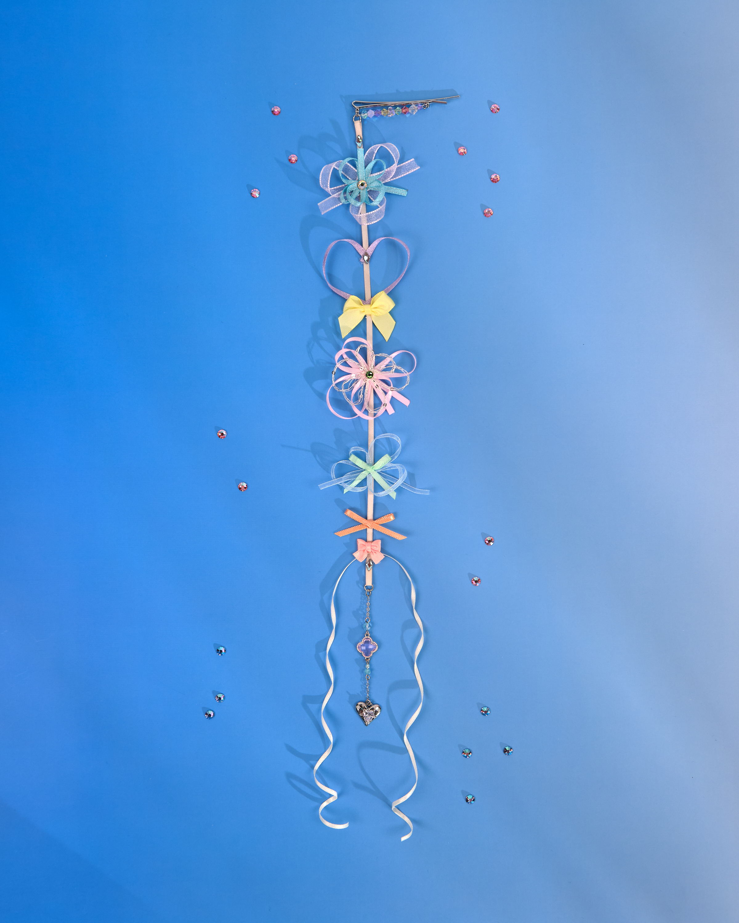 12191 小花一字夾配絲帶花吊飾