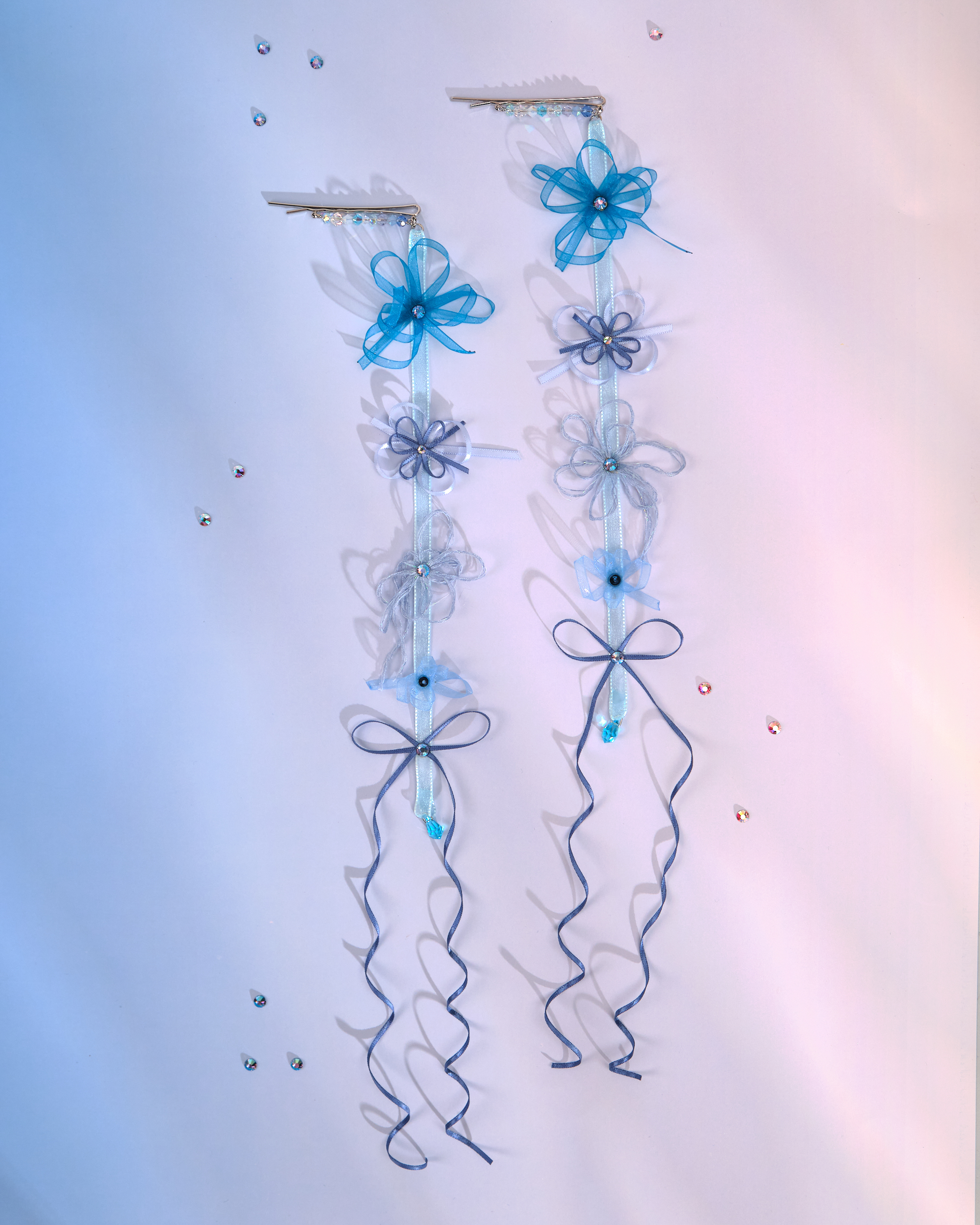 12190 小花一字夾配絲帶花吊飾  (一對)