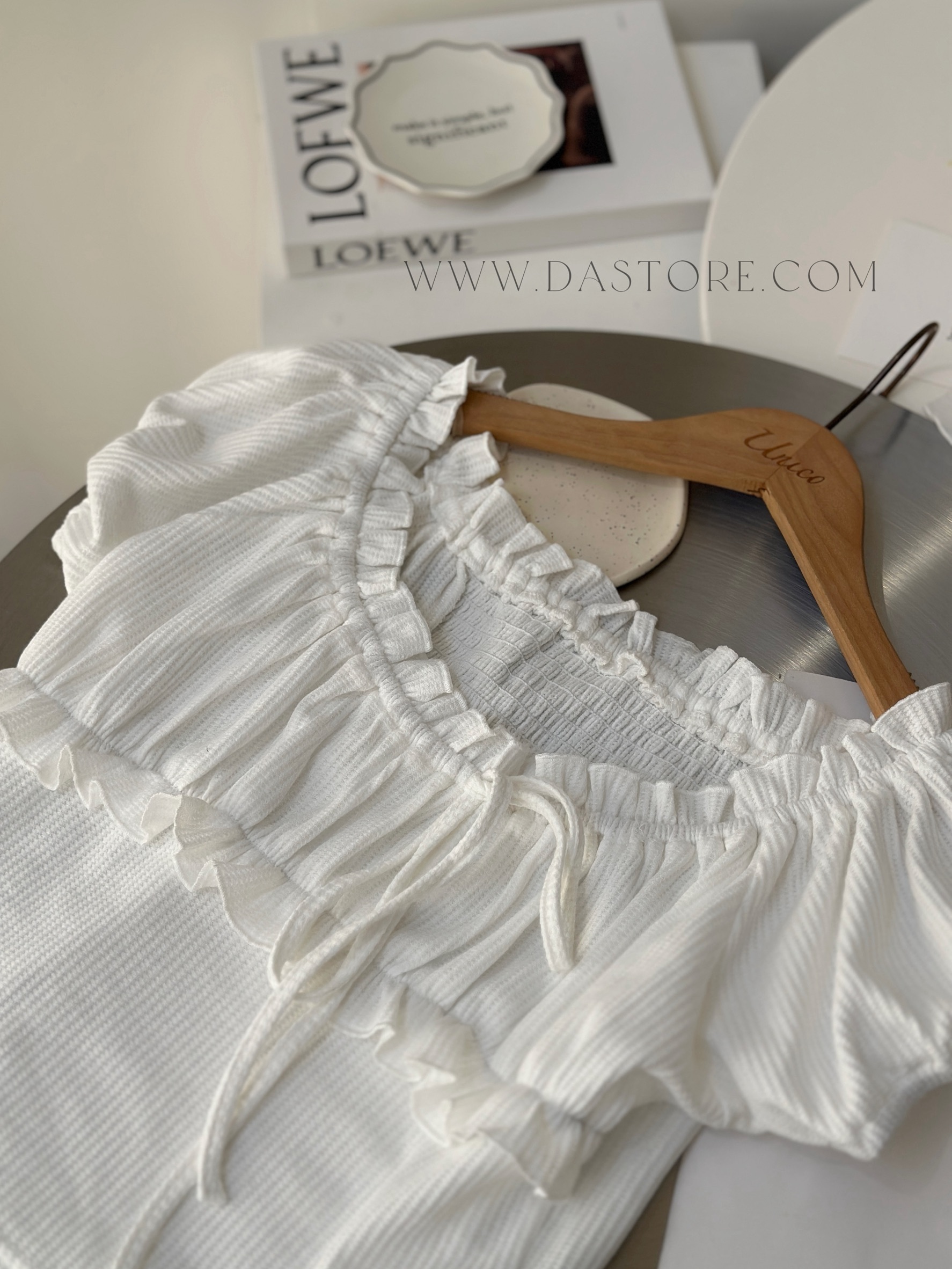 兩穿花邊綁結彈性上衣/二色