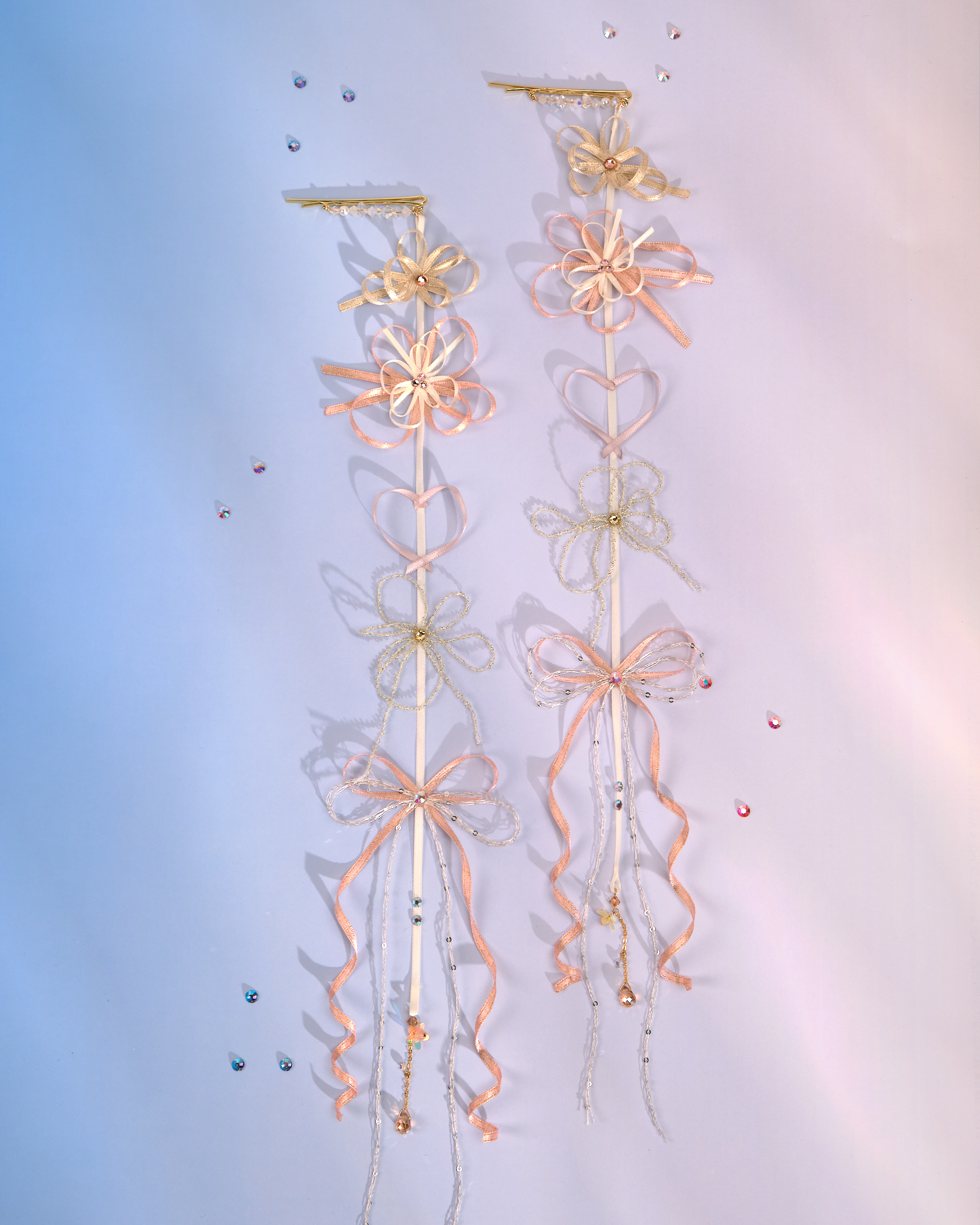 12188 小花一字夾配絲帶花吊飾 (一對)