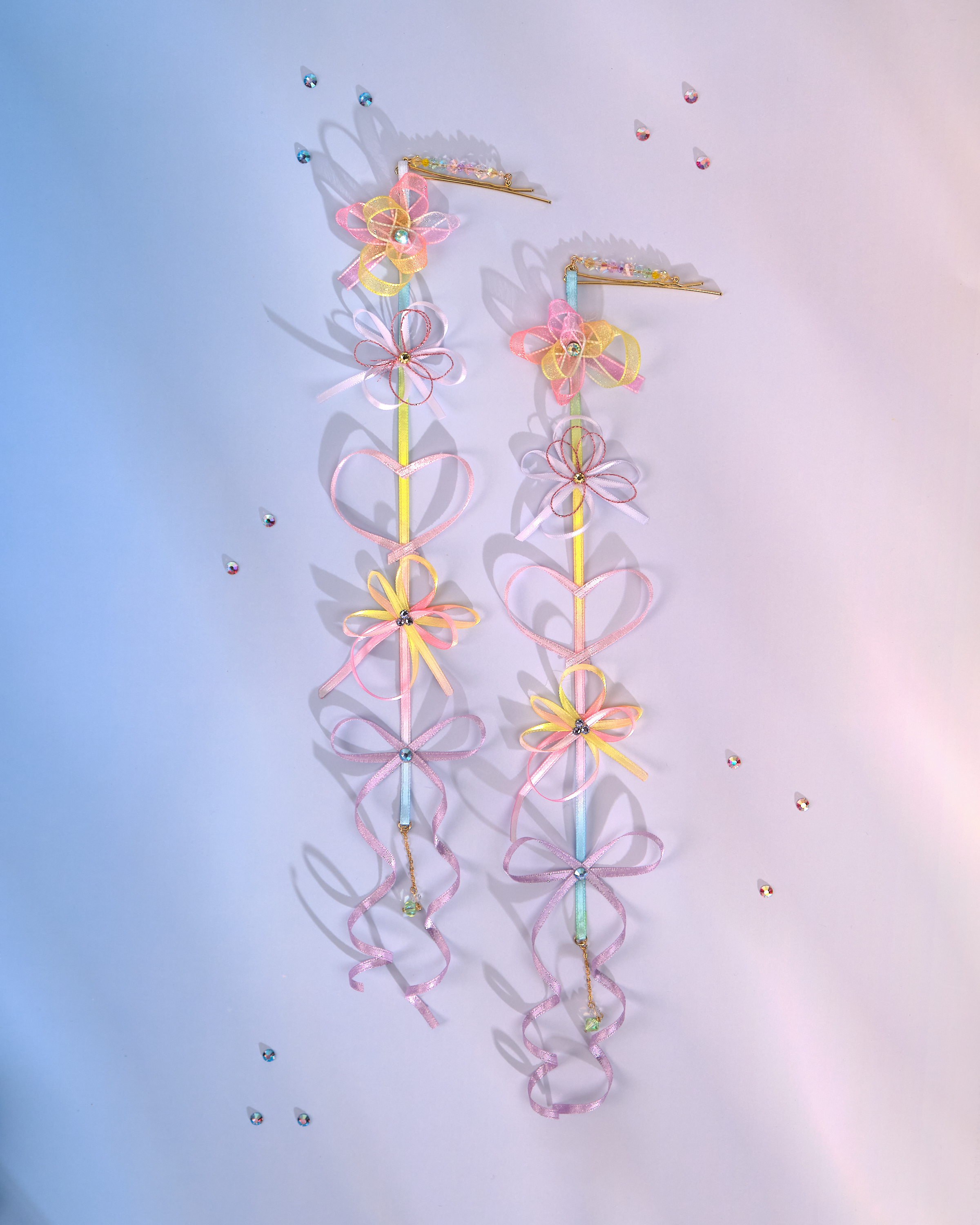 12186 小花一字夾配絲帶花吊飾 (一對)