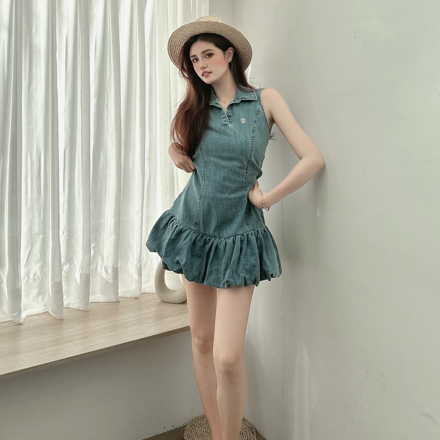 學院風花苞裙牛仔洋裝/單一色