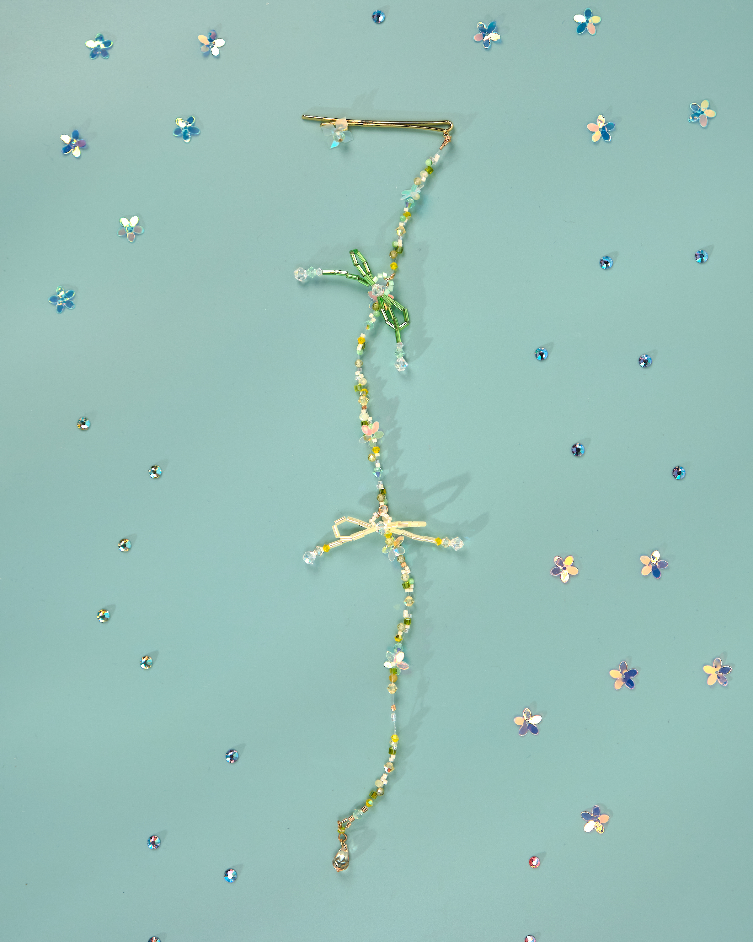 12174 小花一字夾配串珠吊飾