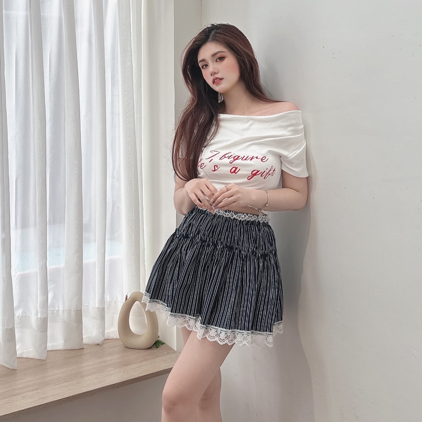 花邊條文蕾絲短裙/二色