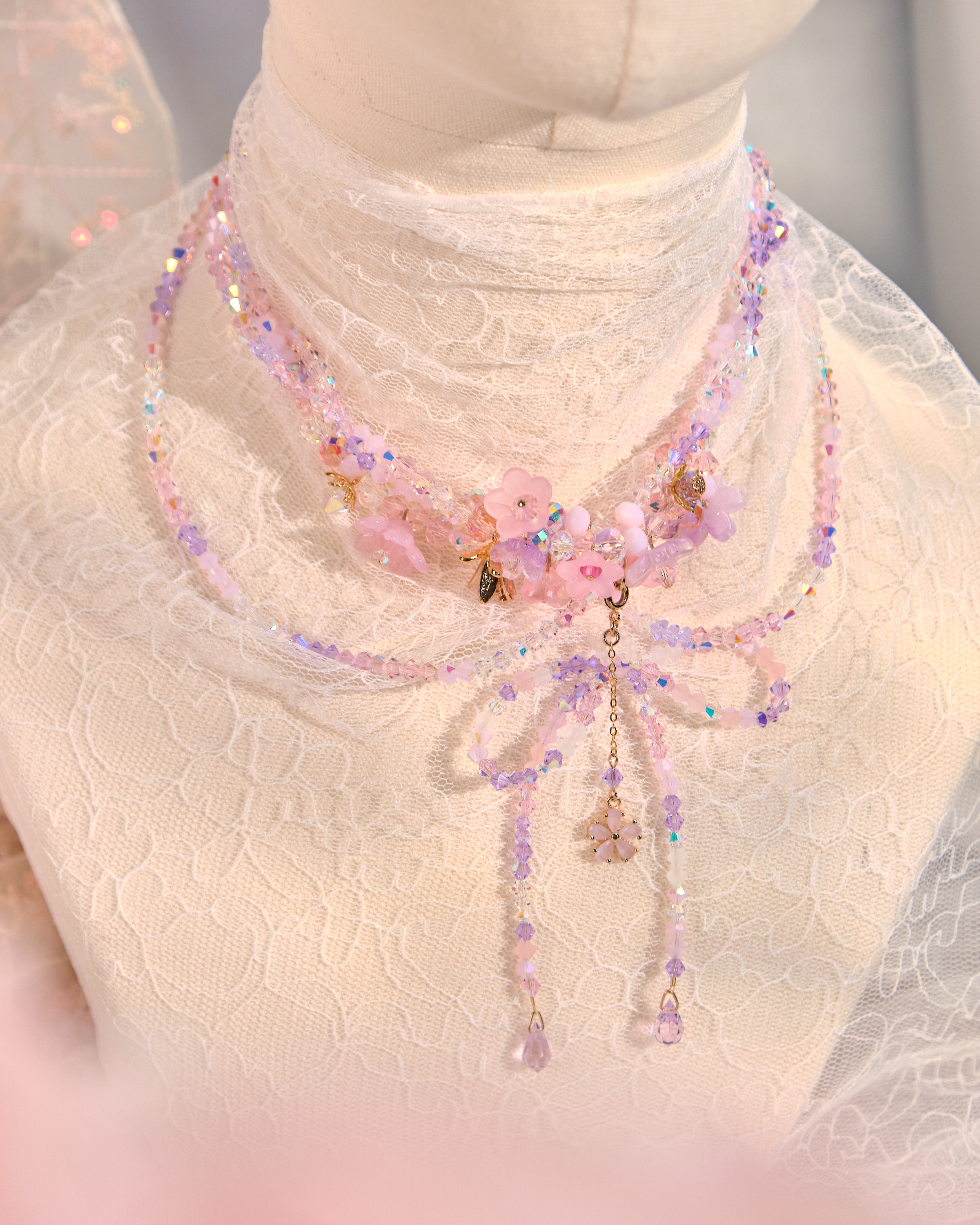 12145 蝴蝶結花球泡泡串珠頸鏈