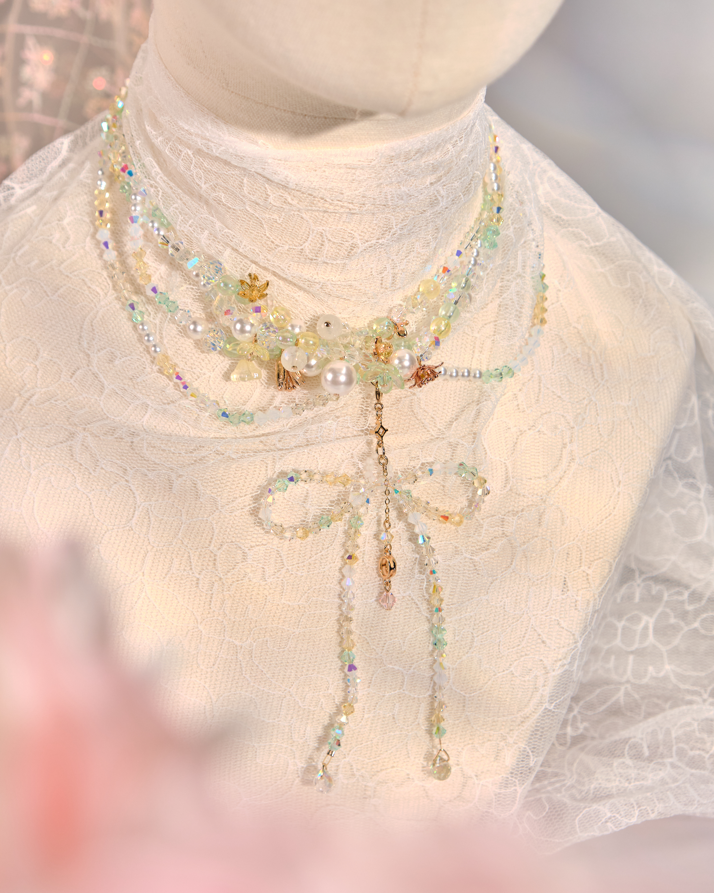 12144 蝴蝶結花球泡泡串珠頸鏈